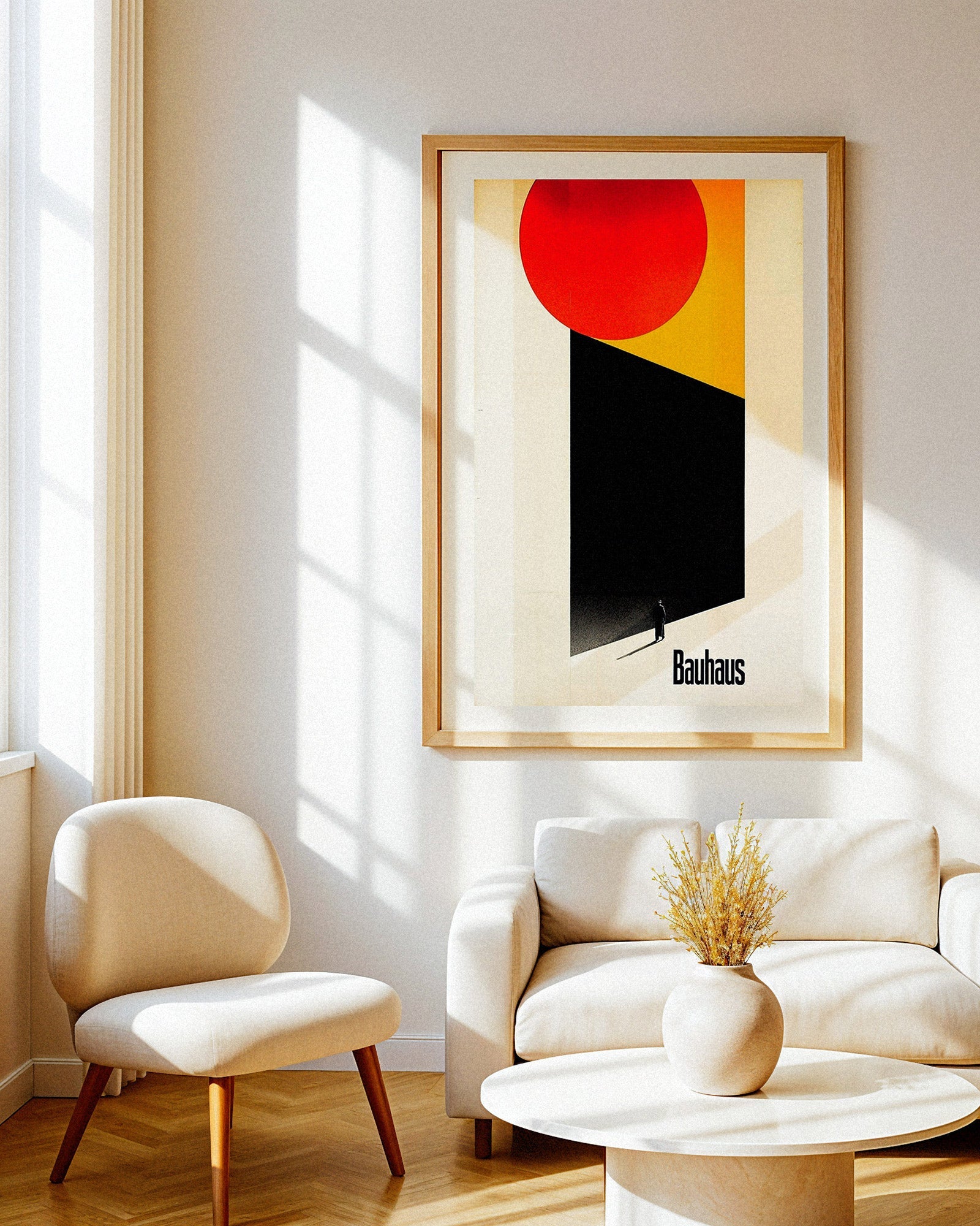 Modern living room with a 'Bauhaus' abstract art print on the wall.