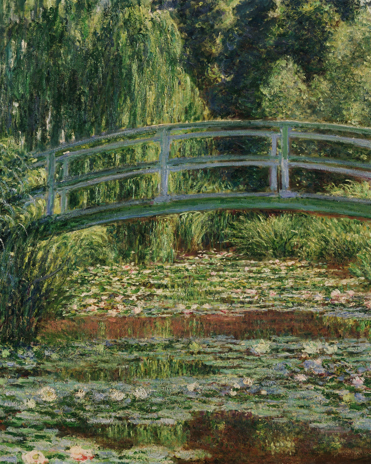 The Japanese Footbridge and the Water Lily Pool, Giverny (1899) by Claude Monet: a green arched bridge over a pond covered with water lilies