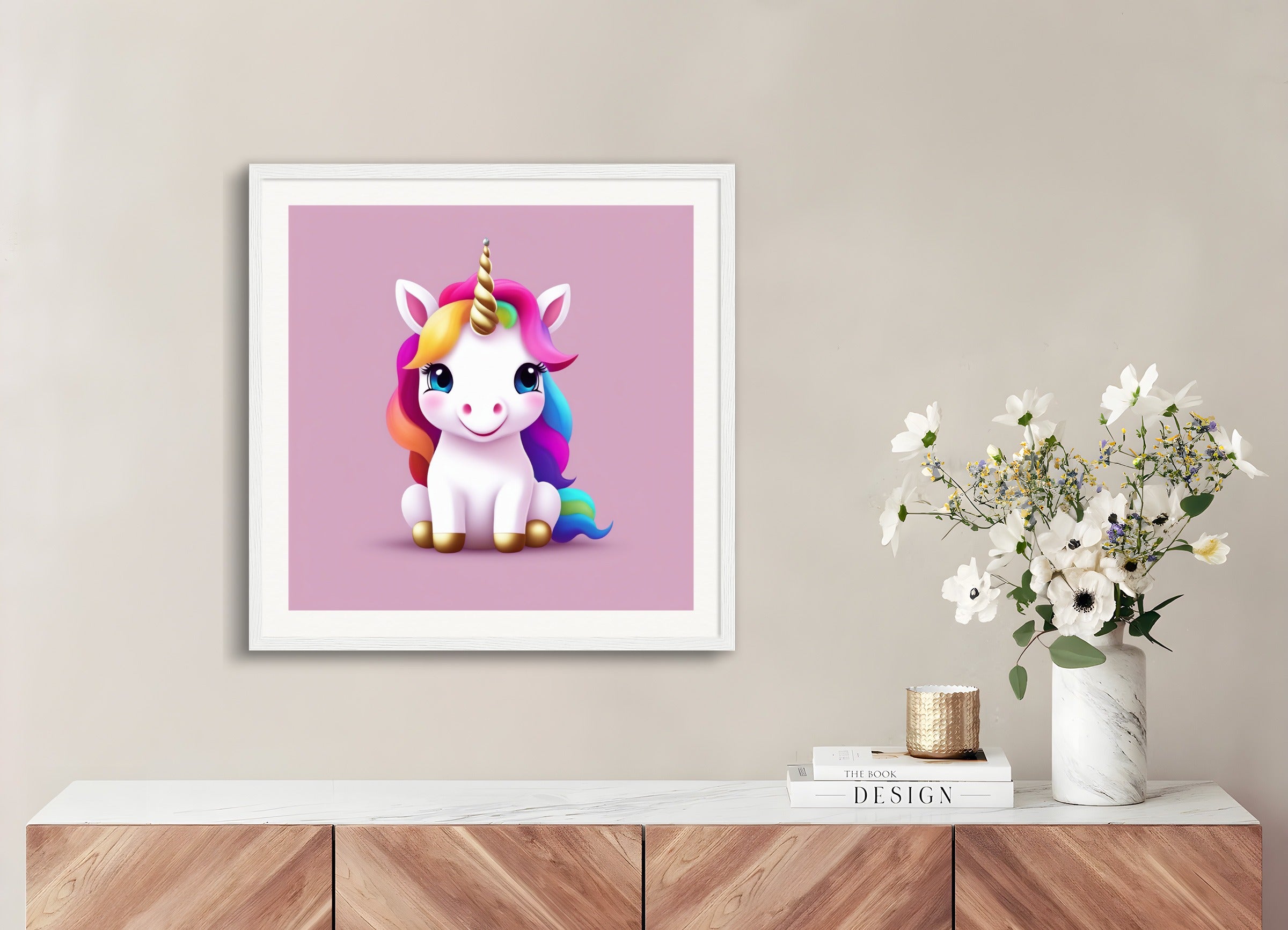 Poster with wood frame: , A baby cute unicorn