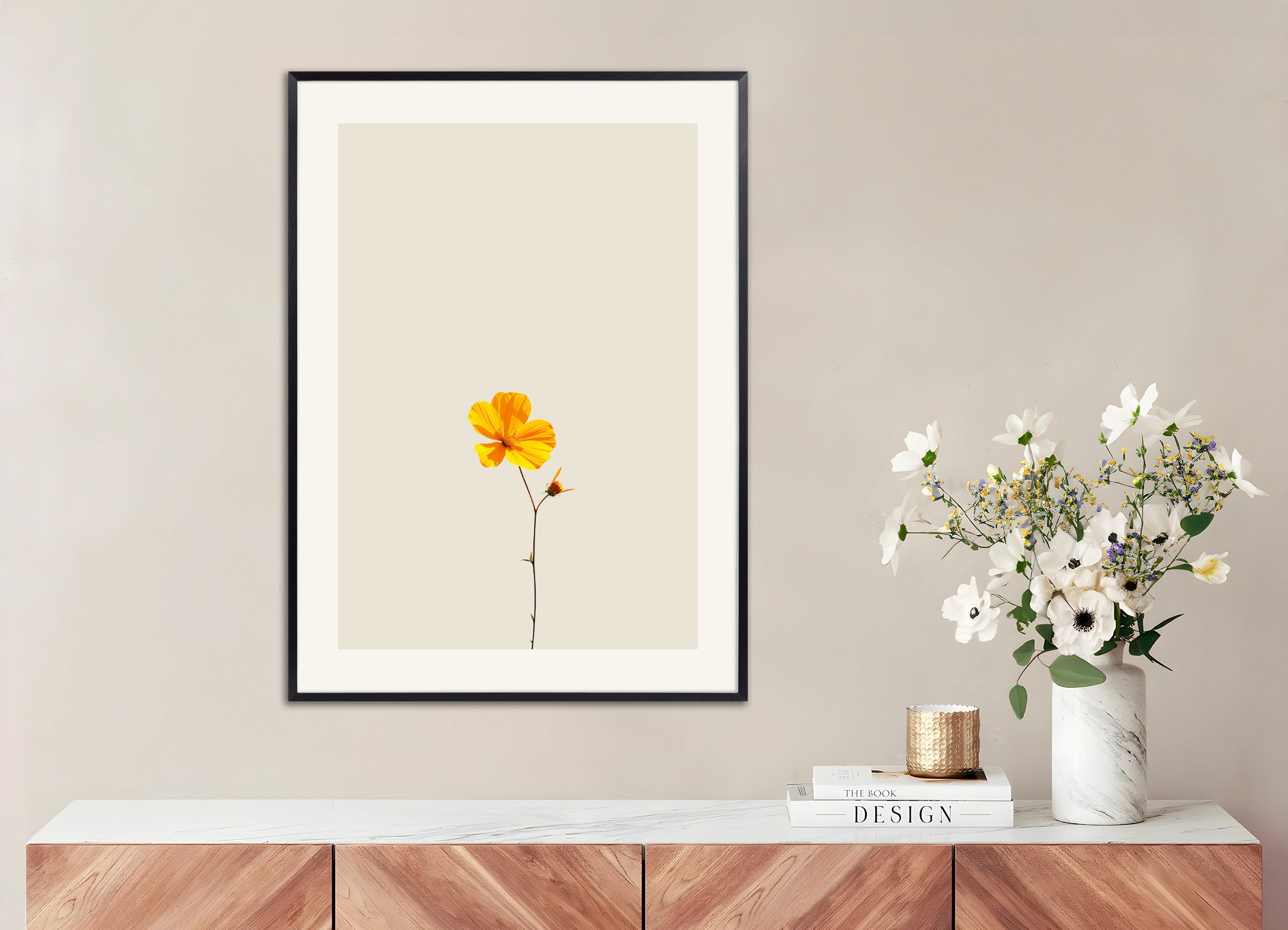 Poster with metal frame: Yellow flower on Le Corbusier's colors