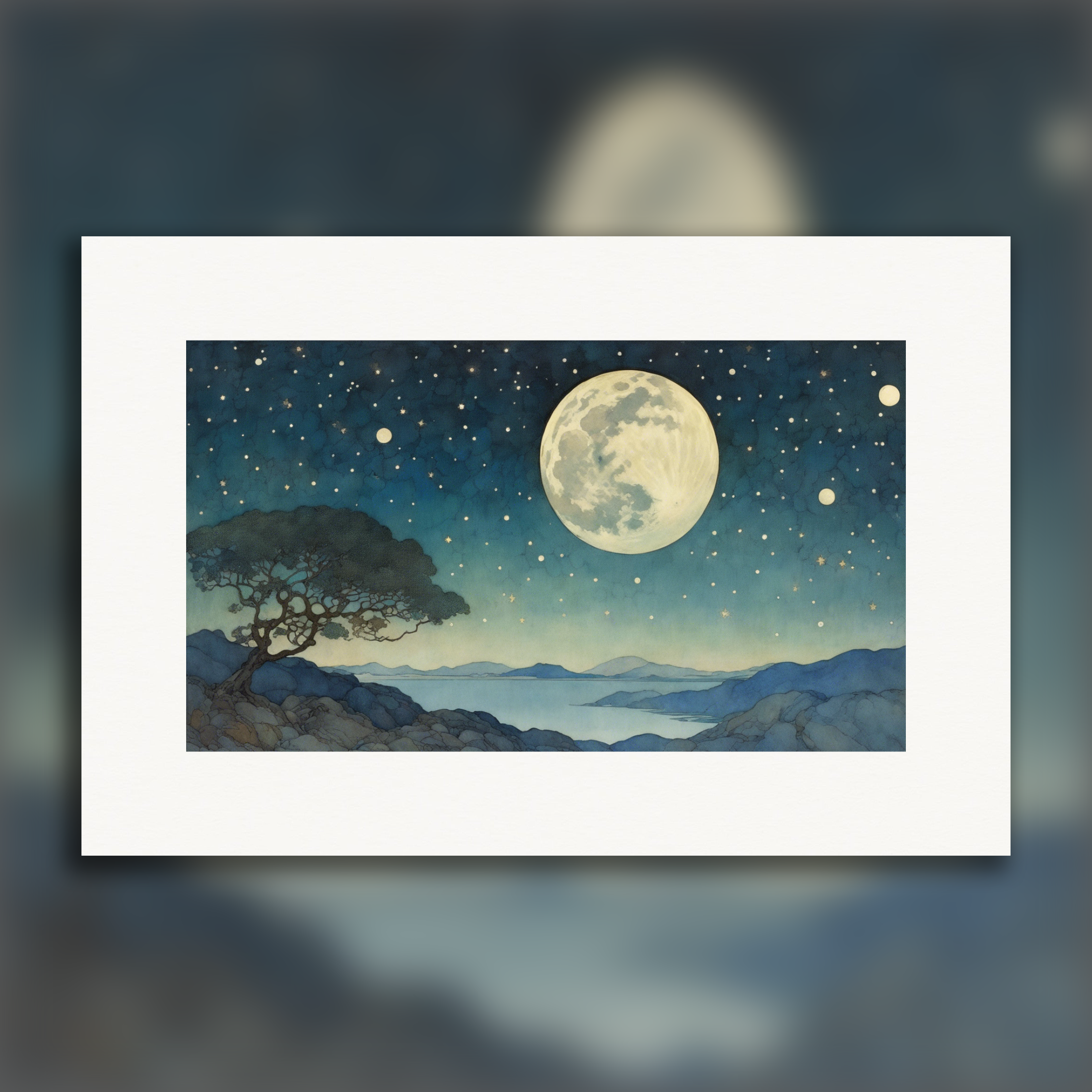 Illustration enchanteresse, Lune et ciel étoilé - Affiche