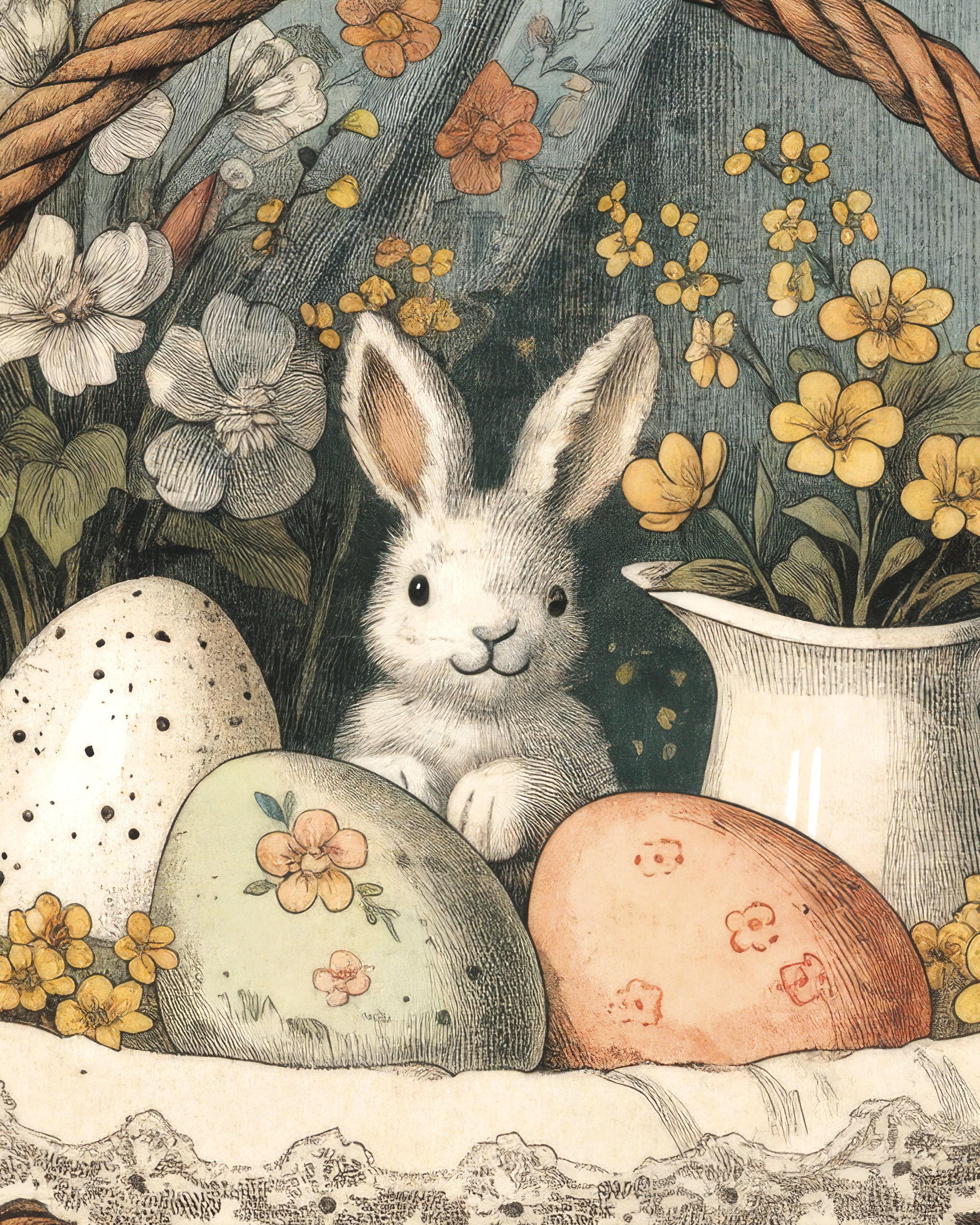 Poster Lapin Panier de Pâques Joyeuses