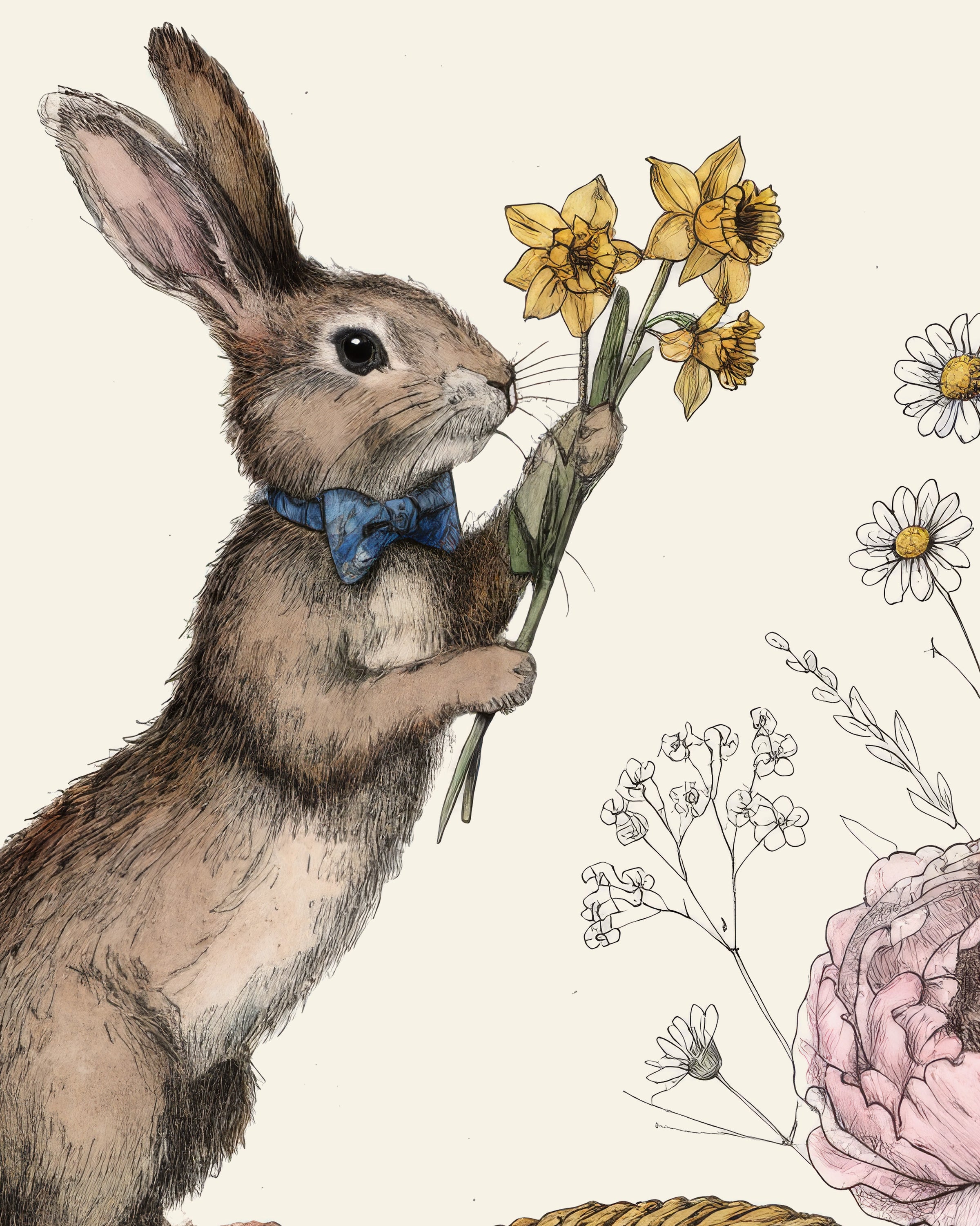 Affiche Lapin Noeud Papillon avec Panier de Pâques