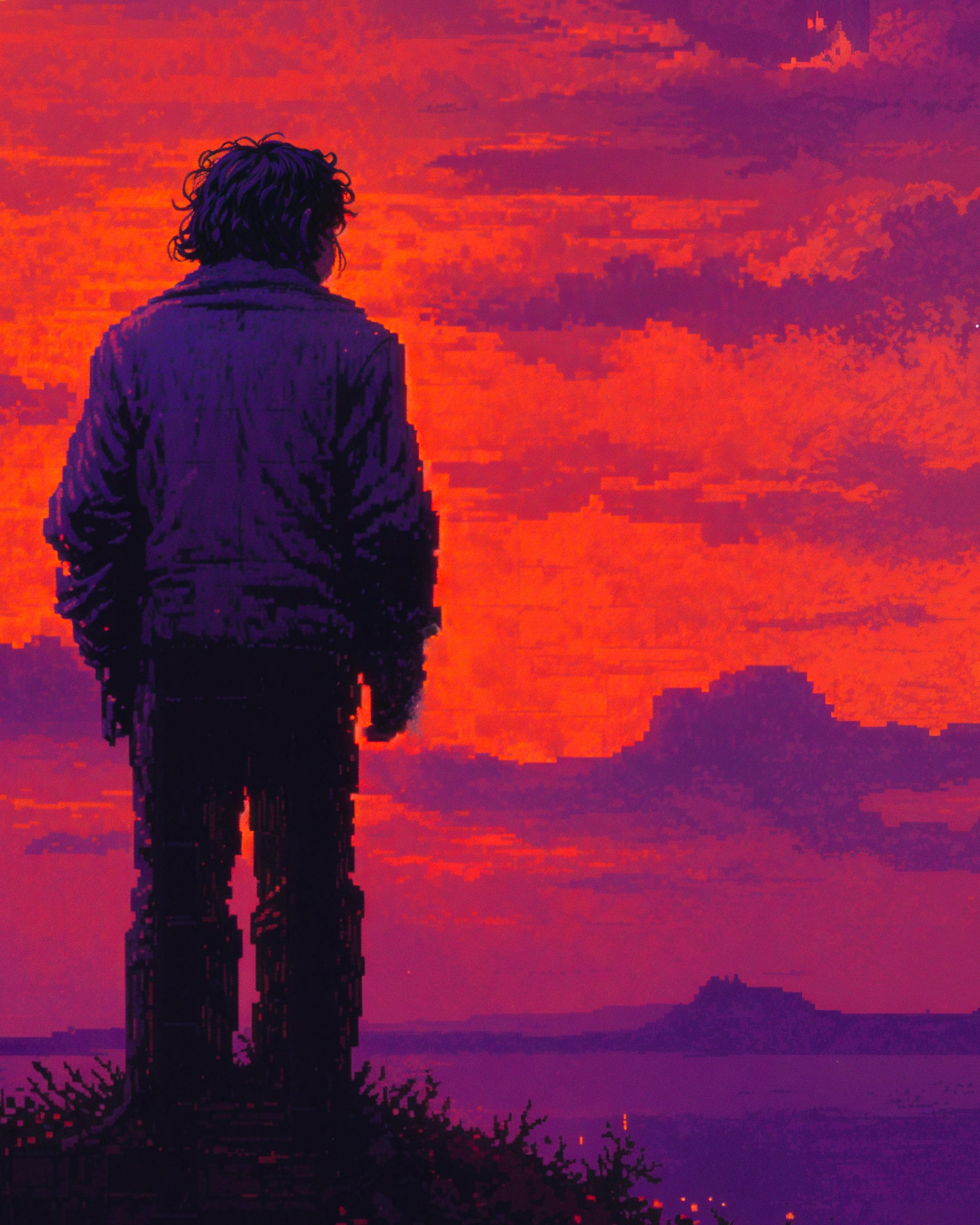 Person wearing a purple jacket standing against a vibrant red and orange sunset sky.