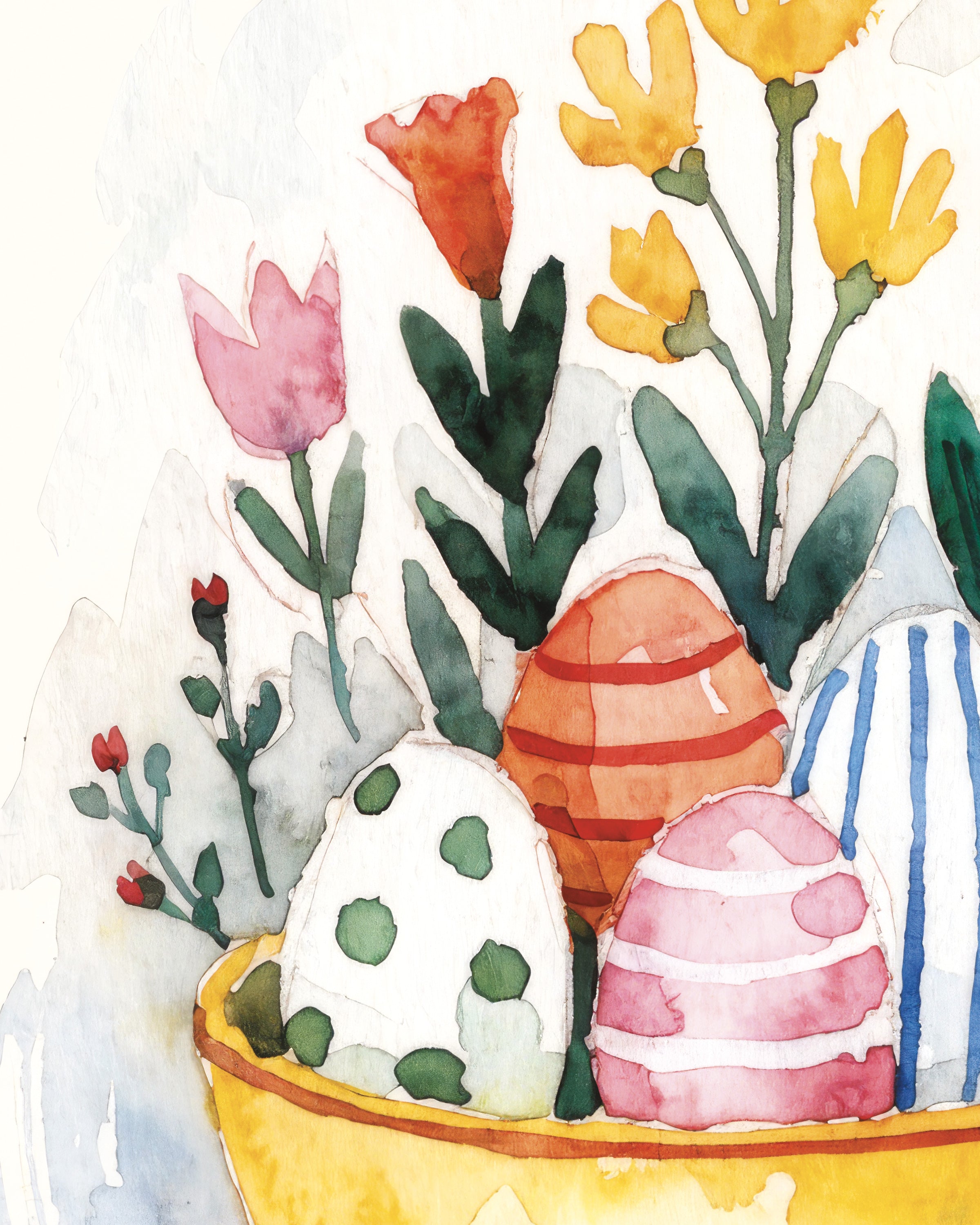 Poster Aquarelle Œufs de Pâques dans un Bol Jaune