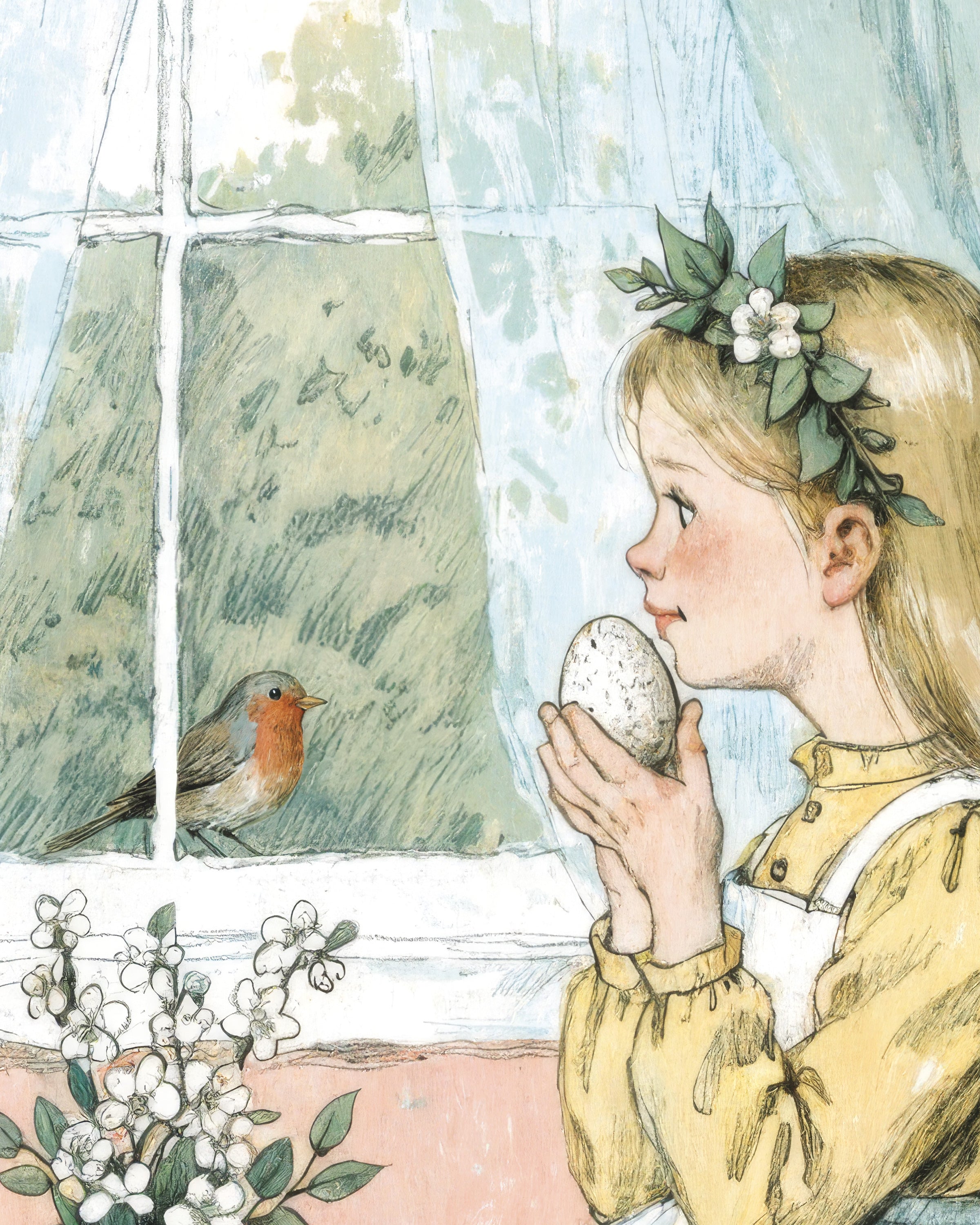 Pâques au Matin près de la Fenêtre : Fille, Lapin et Rouge-gorge Poster