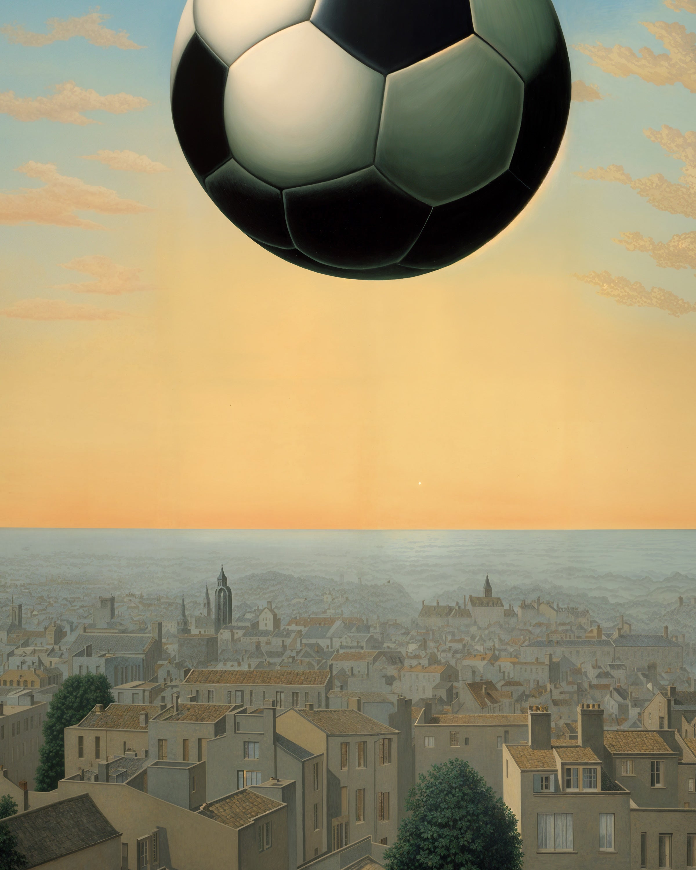 A soccer ball above a city, painting detail