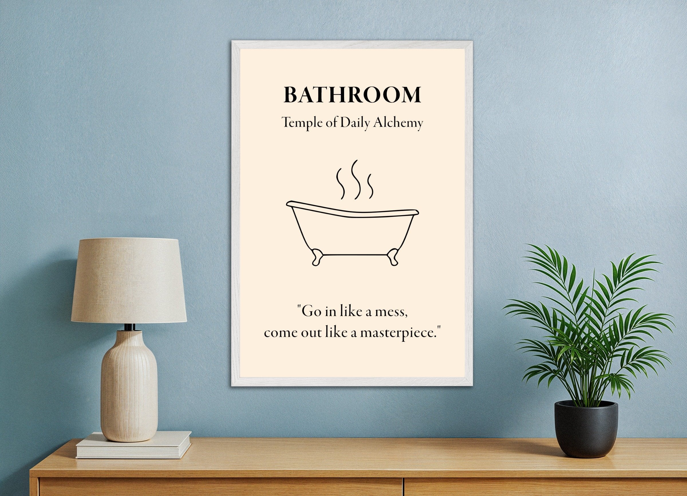 Poster of Bathroom Temple of Daily Alchemy Art Print, with white wooden frame