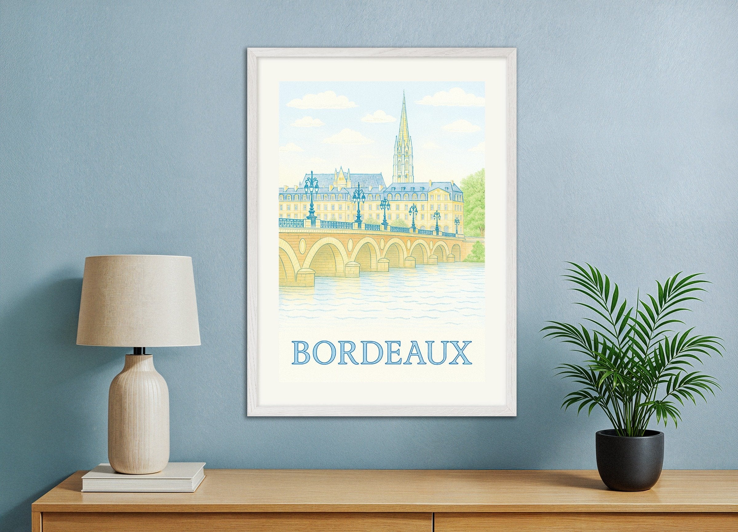 Poster of Bordeaux Poster – Hand-Drawn Cityscape Art Print in Soft Pastels, with white wooden frame