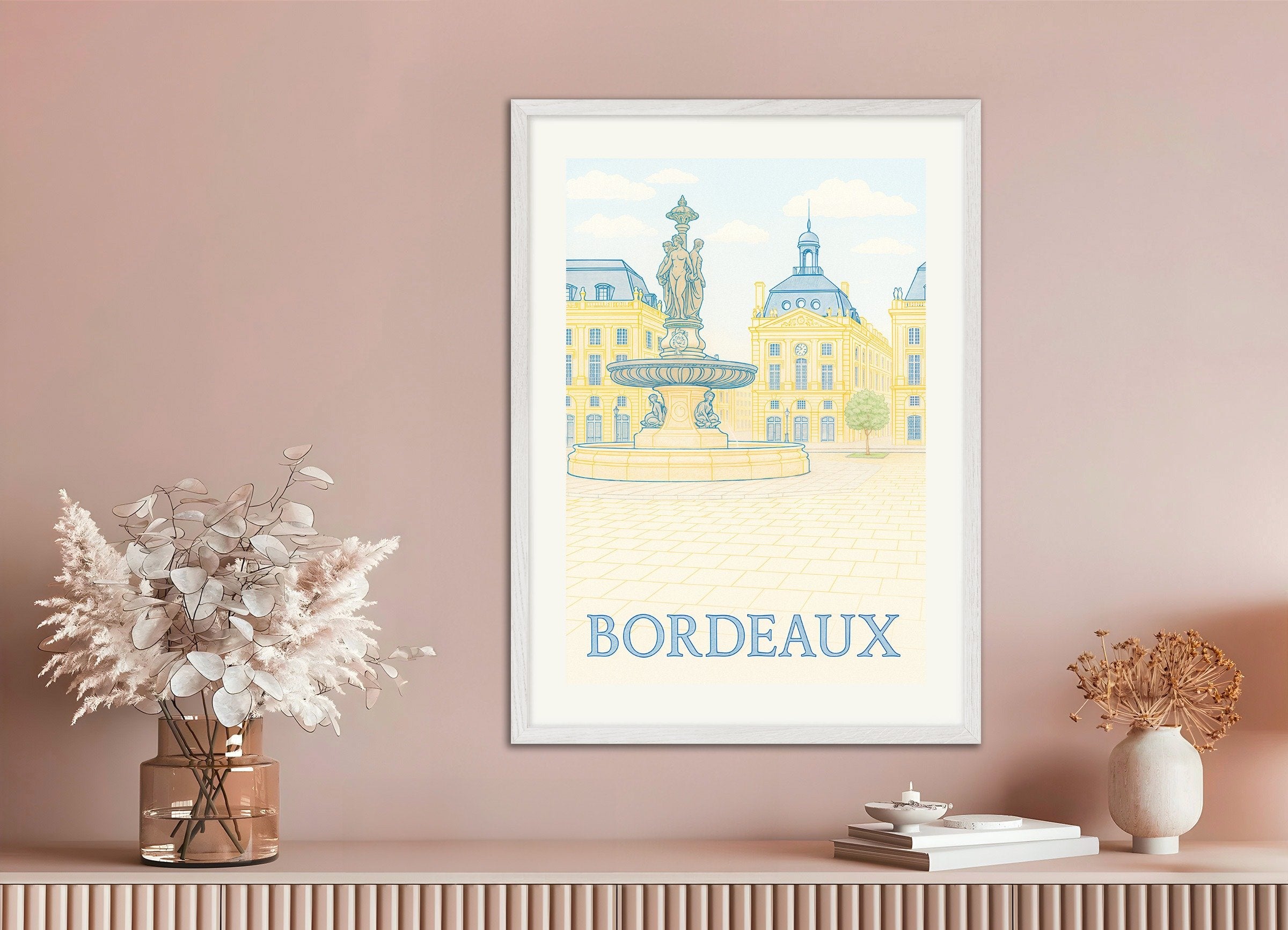 Poster of Bordeaux Poster – Place de la Bourse & Fountain Art Print in Soft Pastels, with white wooden frame