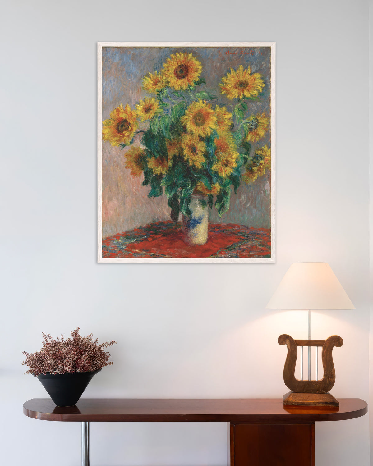 Affiche Bouquet de soleils (1881) de Claude Monet, avec un cadre en bois blanc