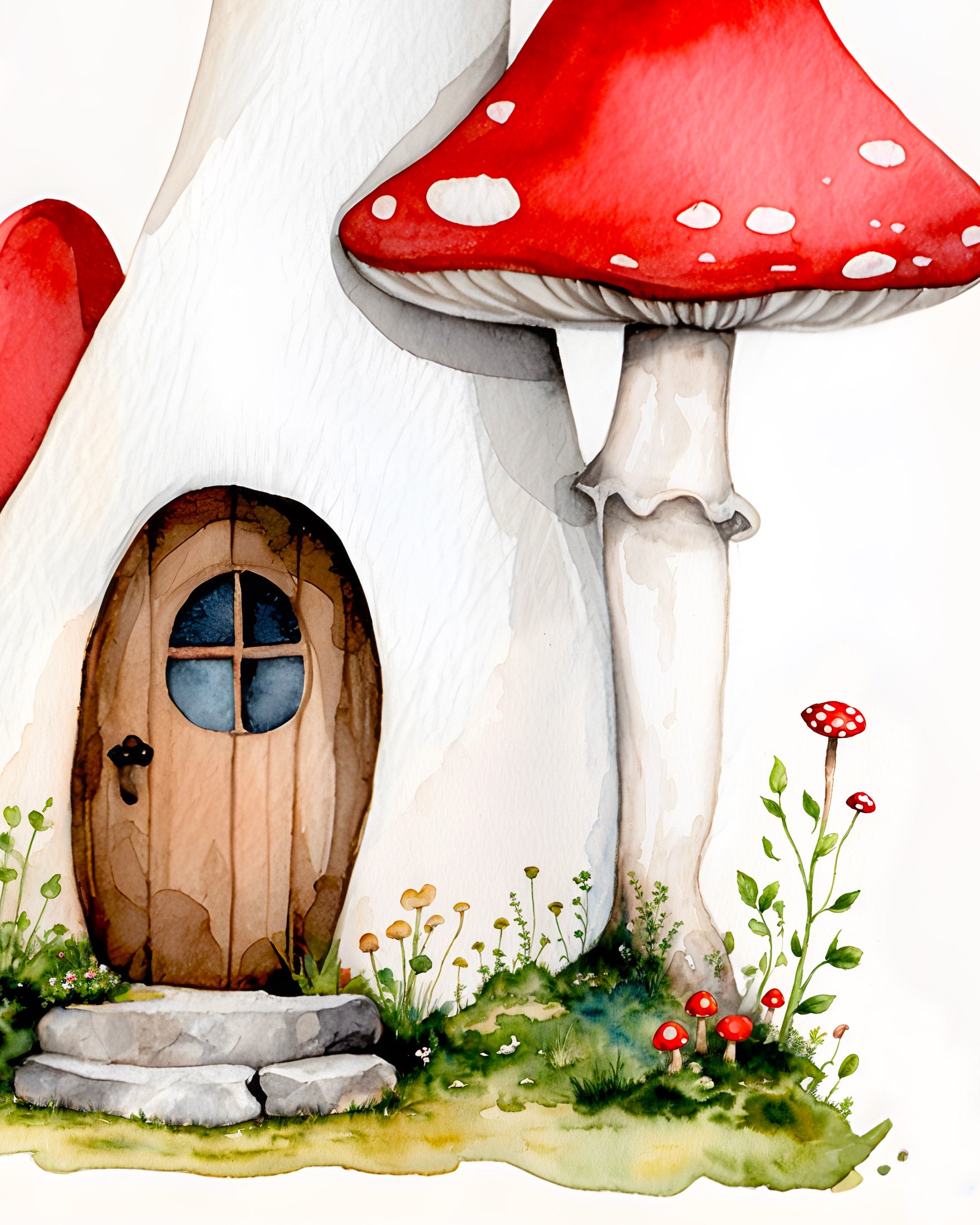 Fairy house made of mushrooms with a wooden door and red spots on the caps.