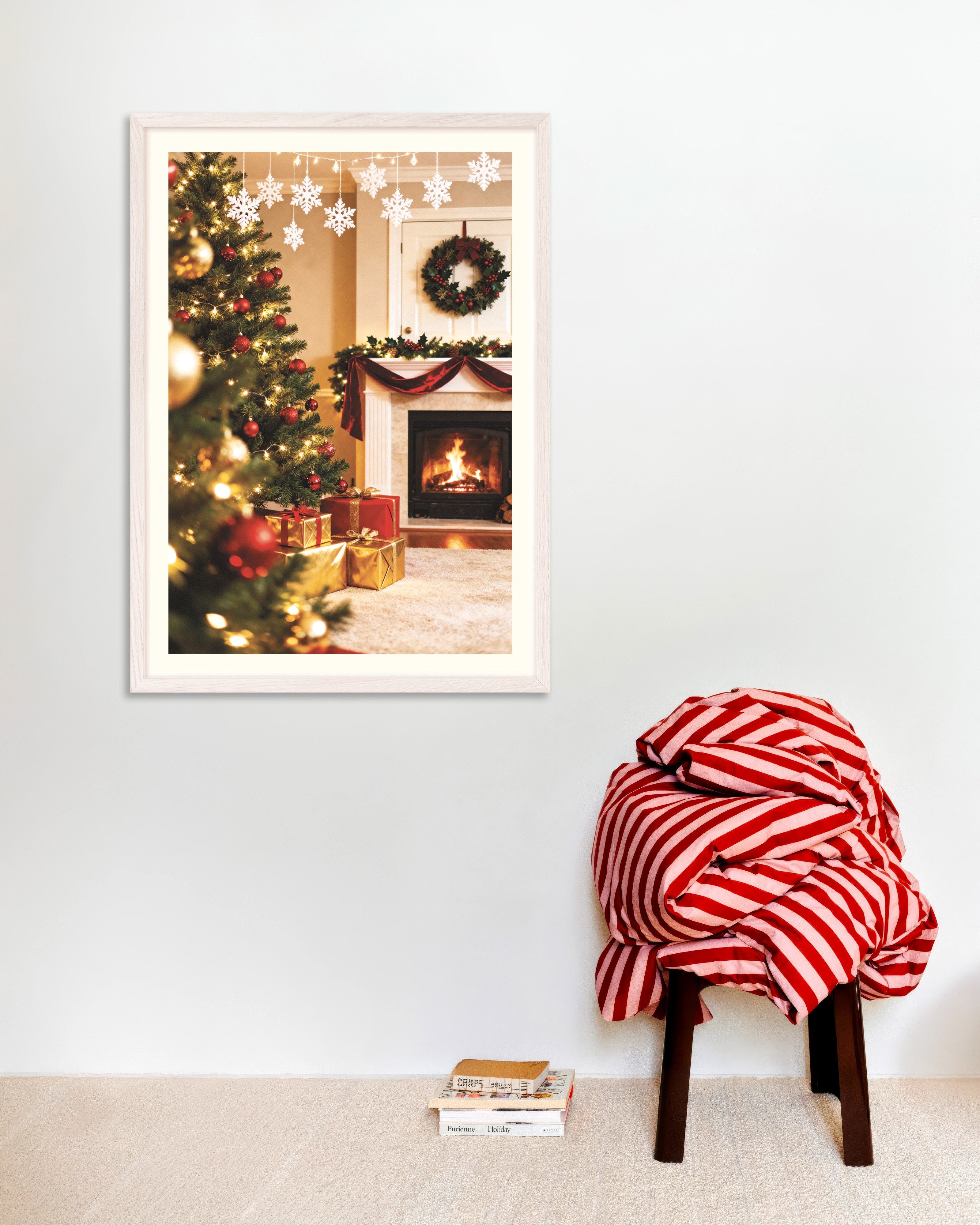 Poster of Christmas living room with fireplace poster, with white wooden frame