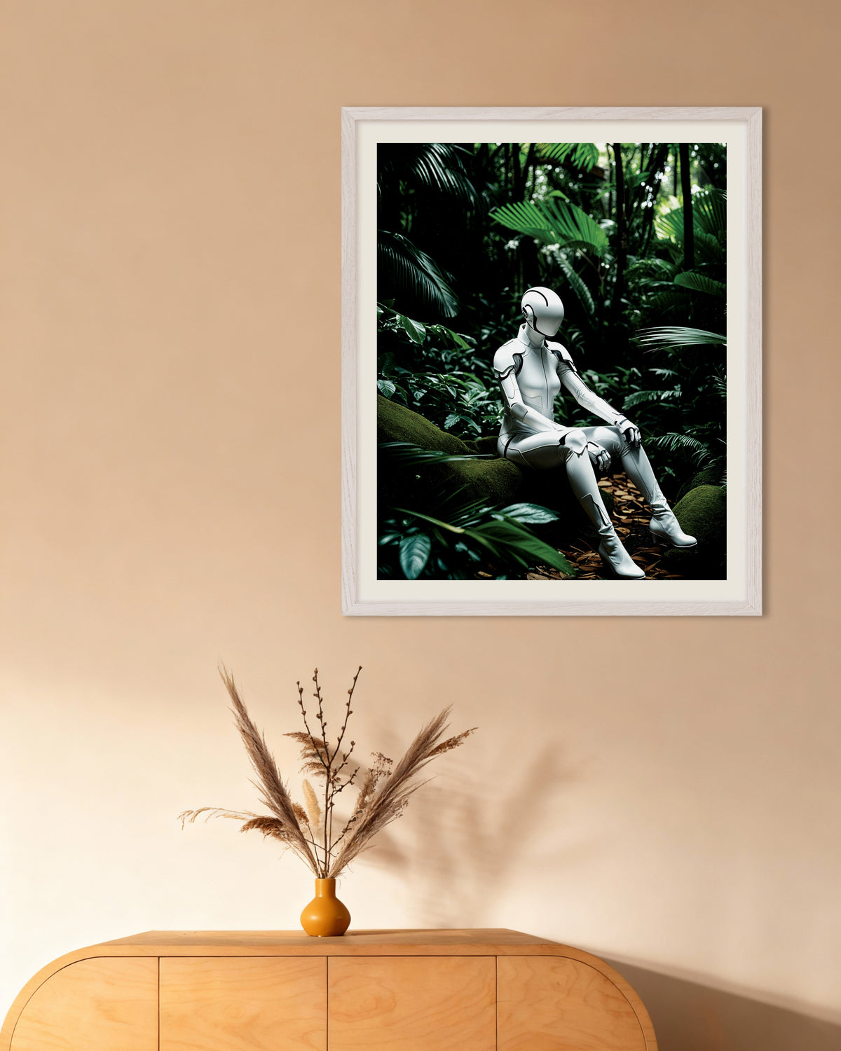 Poster de Cyborg dans la jungle profonde, avec un cadre en bois blanc