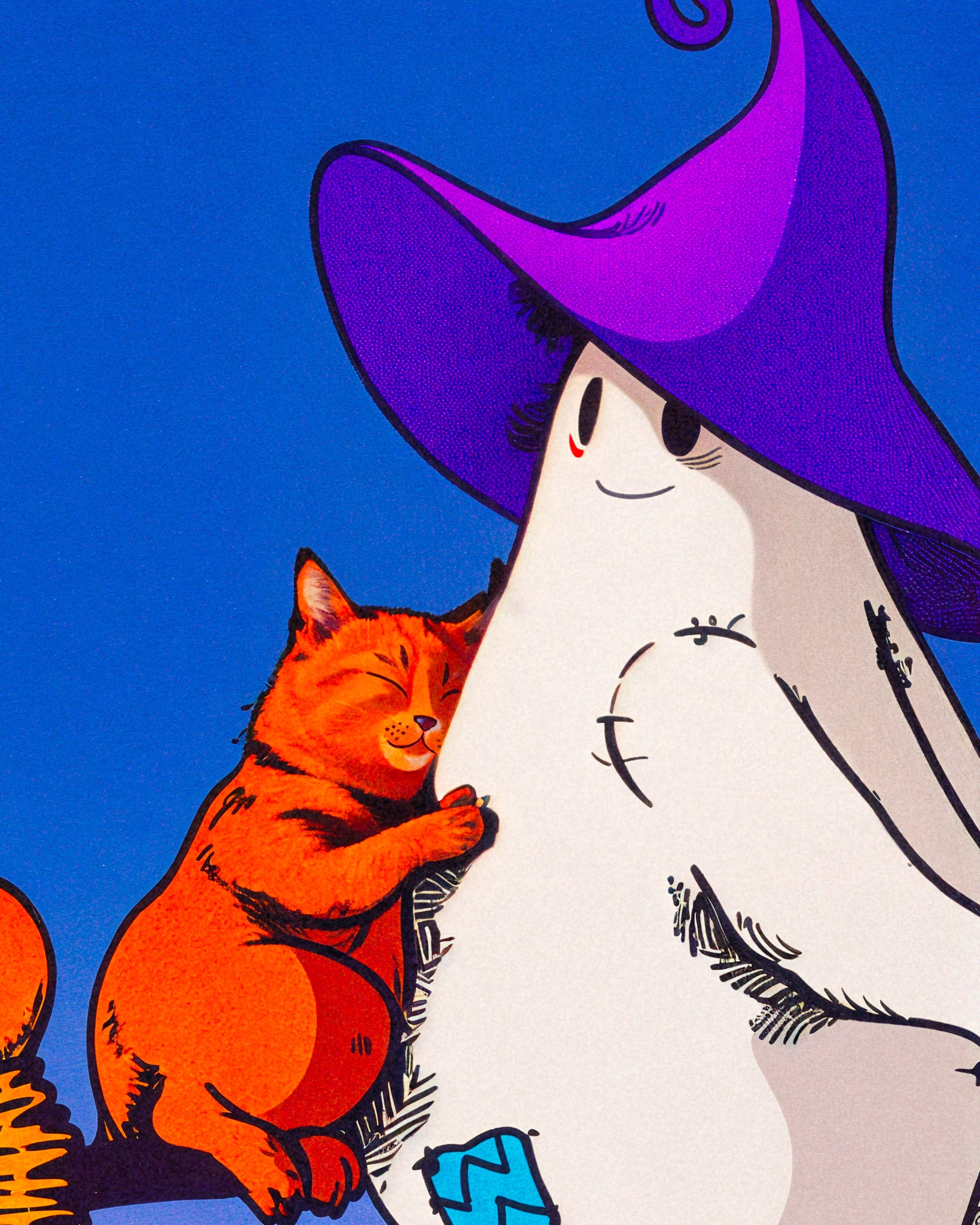 Un fantôme et un chat sur un balai volant - Affiche