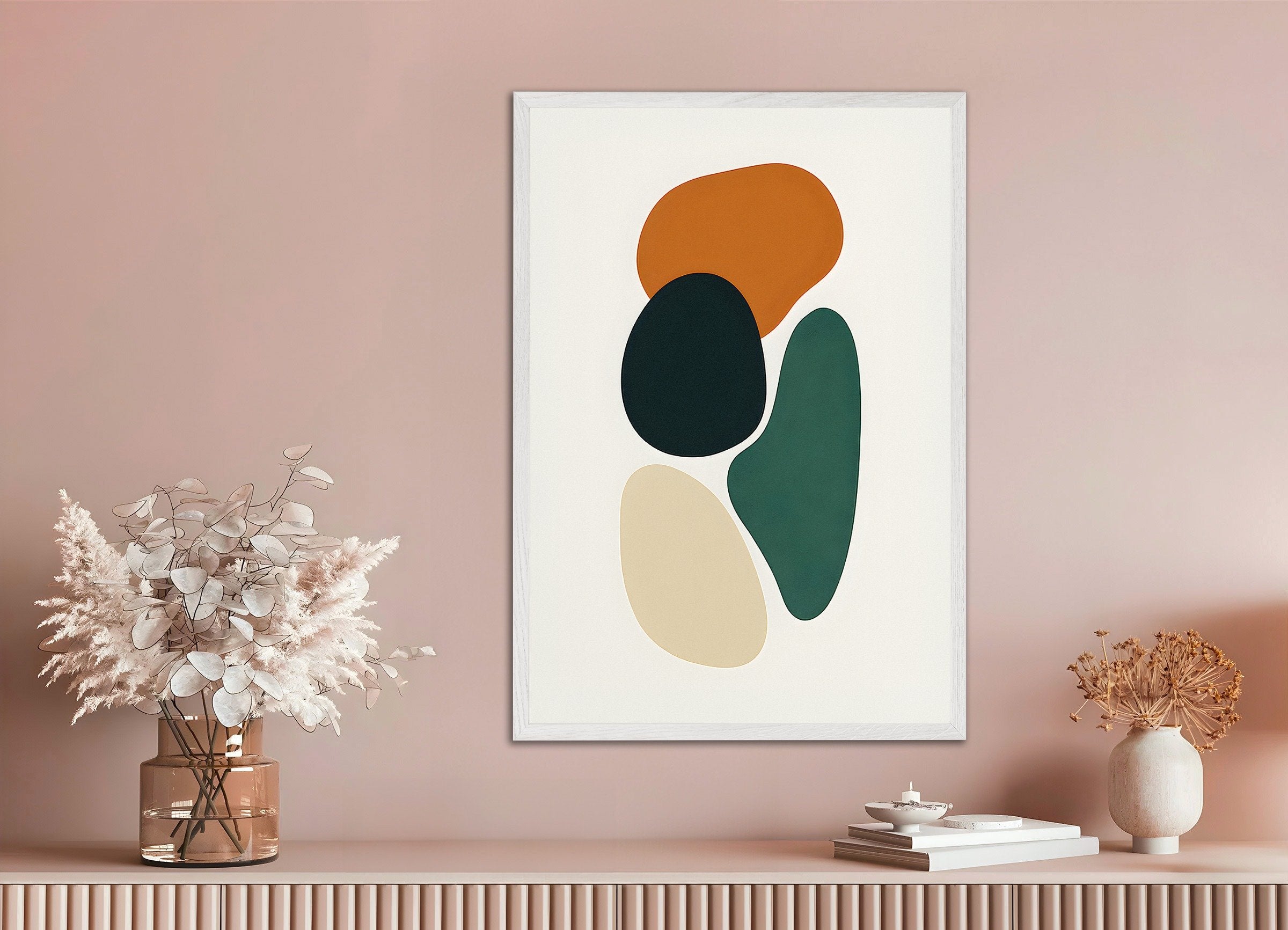 Poster of Four Organic Shapes – Minimalist Abstract Art Print, with white wooden frame