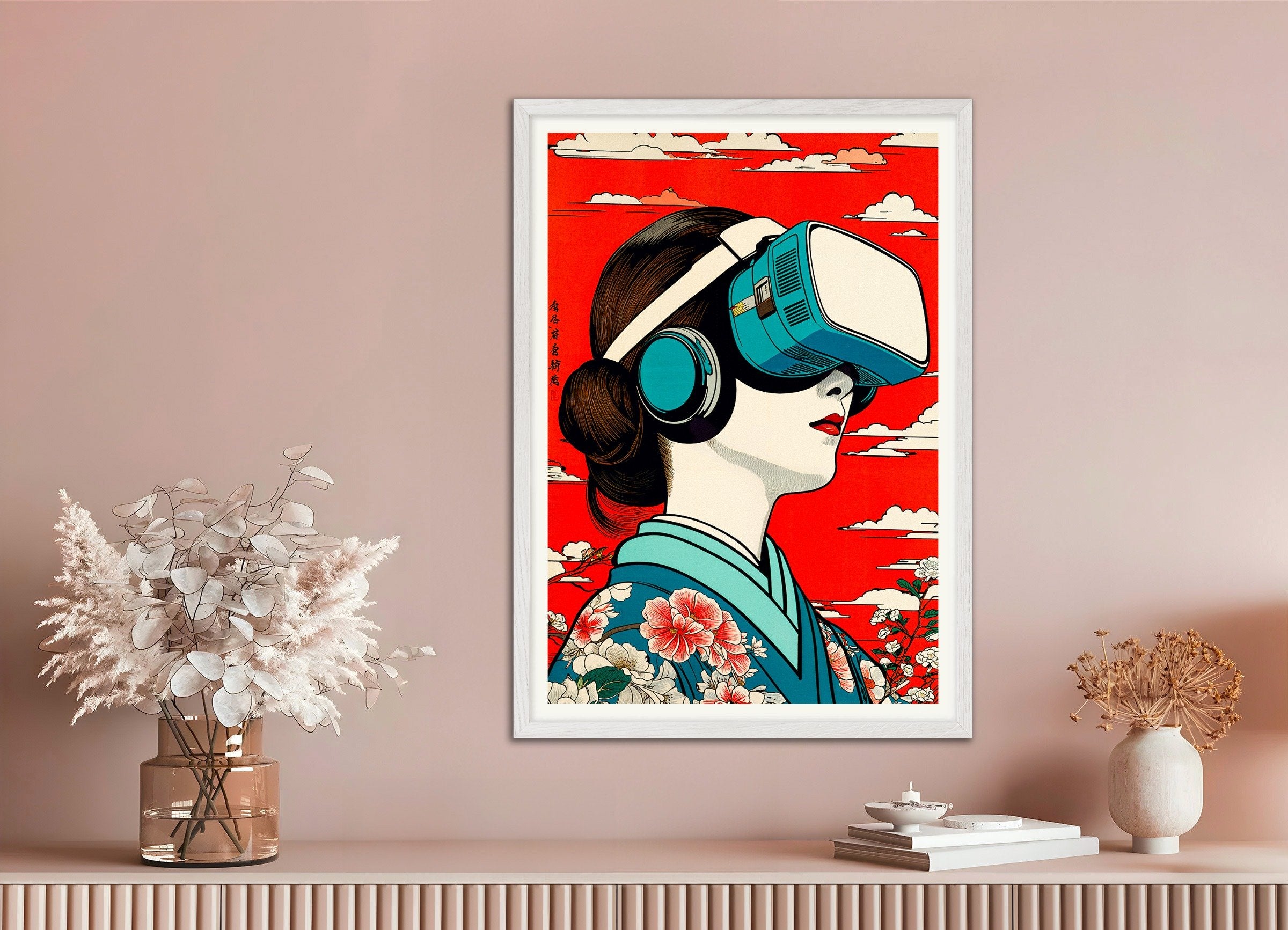 Poster of "Geisha VR" Poster - Hiroshige Tribute x Modern Technology, with white wooden frame