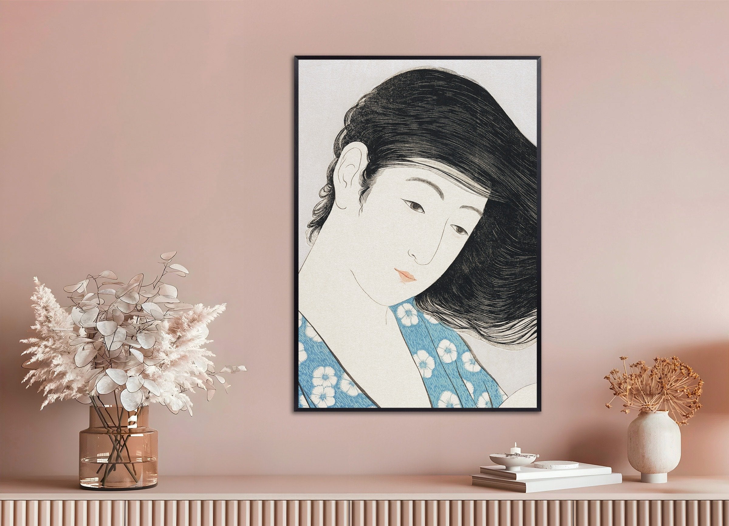 Poster of Goyo Hashiguchi Print - Woman Combing Her Hair 01 - The face, with metal frame