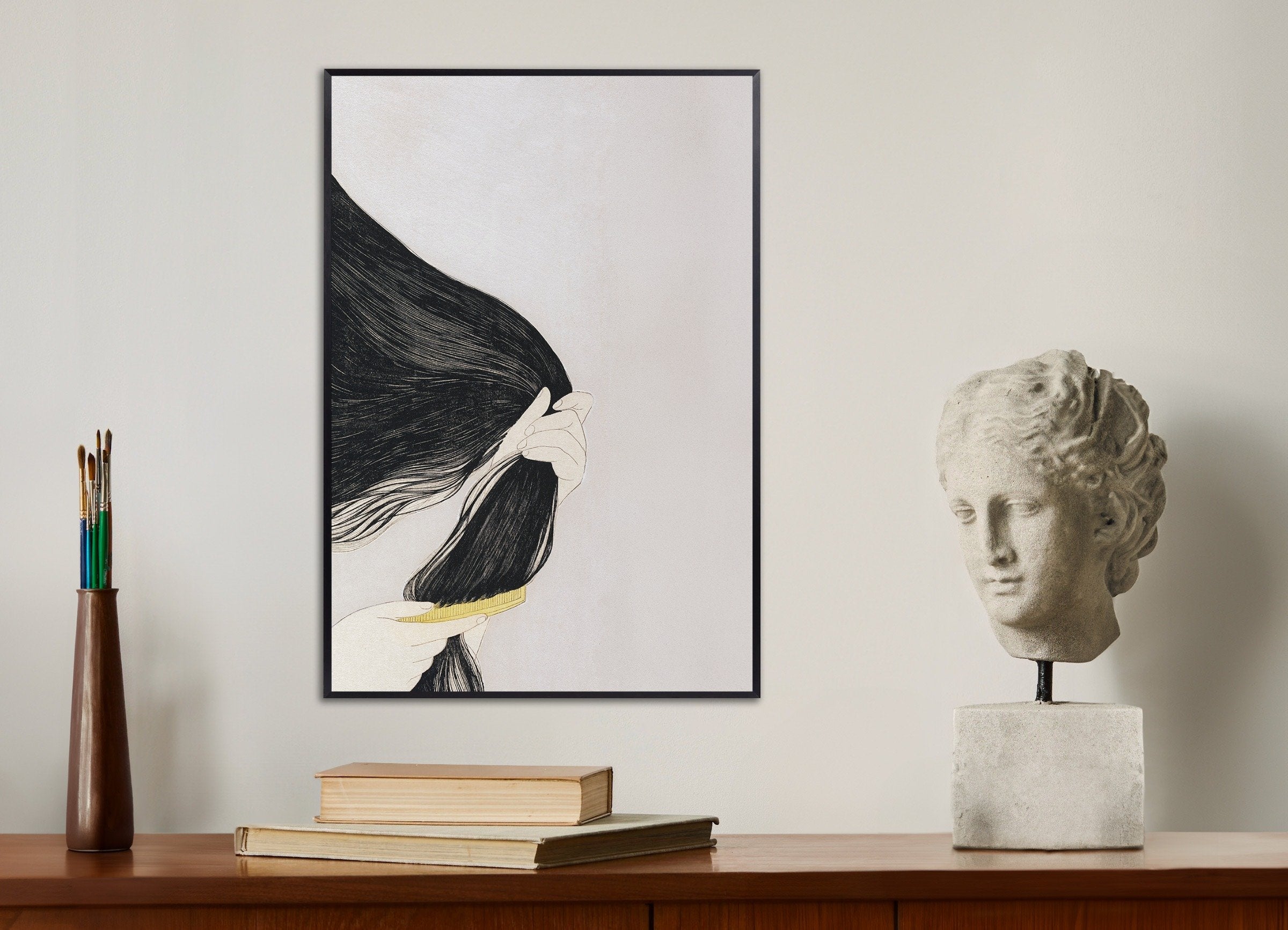 Poster of Goyo Hashiguchi Print - Woman Combing Her Hair 02 - The comb, with metal frame