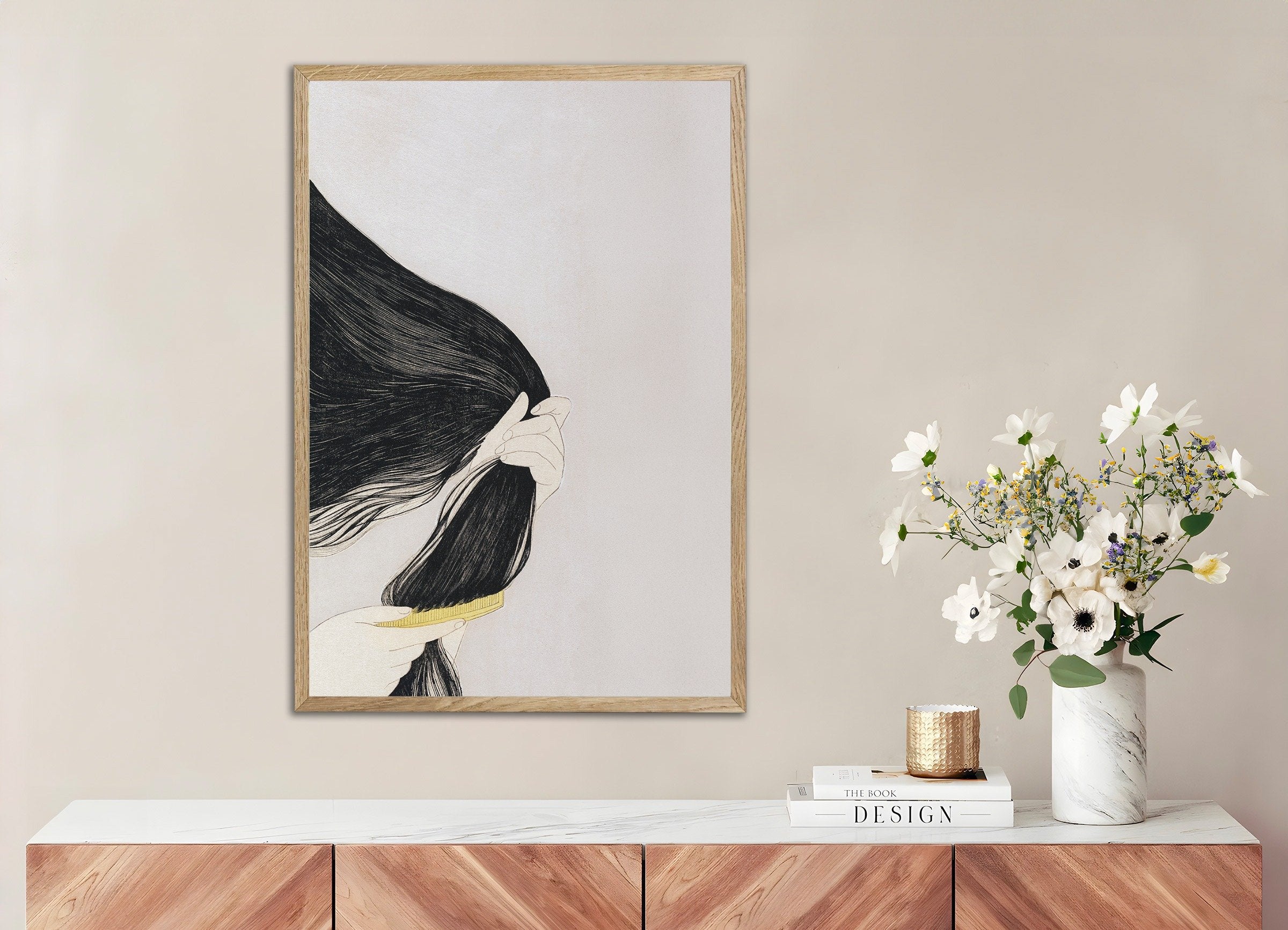 Poster of Goyo Hashiguchi Print - Woman Combing Her Hair 02 - The comb, with natural wooden frame