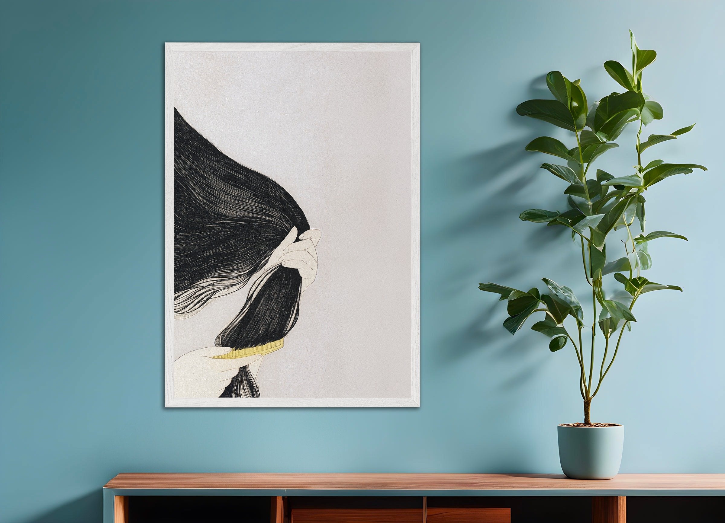 Poster of Goyo Hashiguchi Print - Woman Combing Her Hair 02 - The comb, with white wooden frame