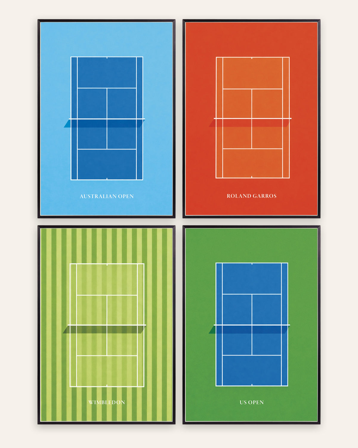 Affiches tennis Grand Chelem, lot de 4 : Open d’Australie, Roland-Garros, Wimbledon et US Open, cadres en métal noir