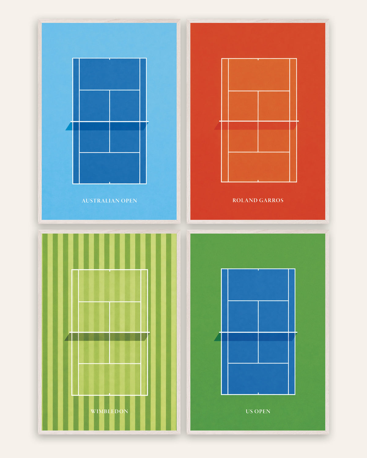 Affiches tennis Grand Chelem, lot de 4 : Open d’Australie, Roland-Garros, Wimbledon et US Open, cadres en chêne blanc