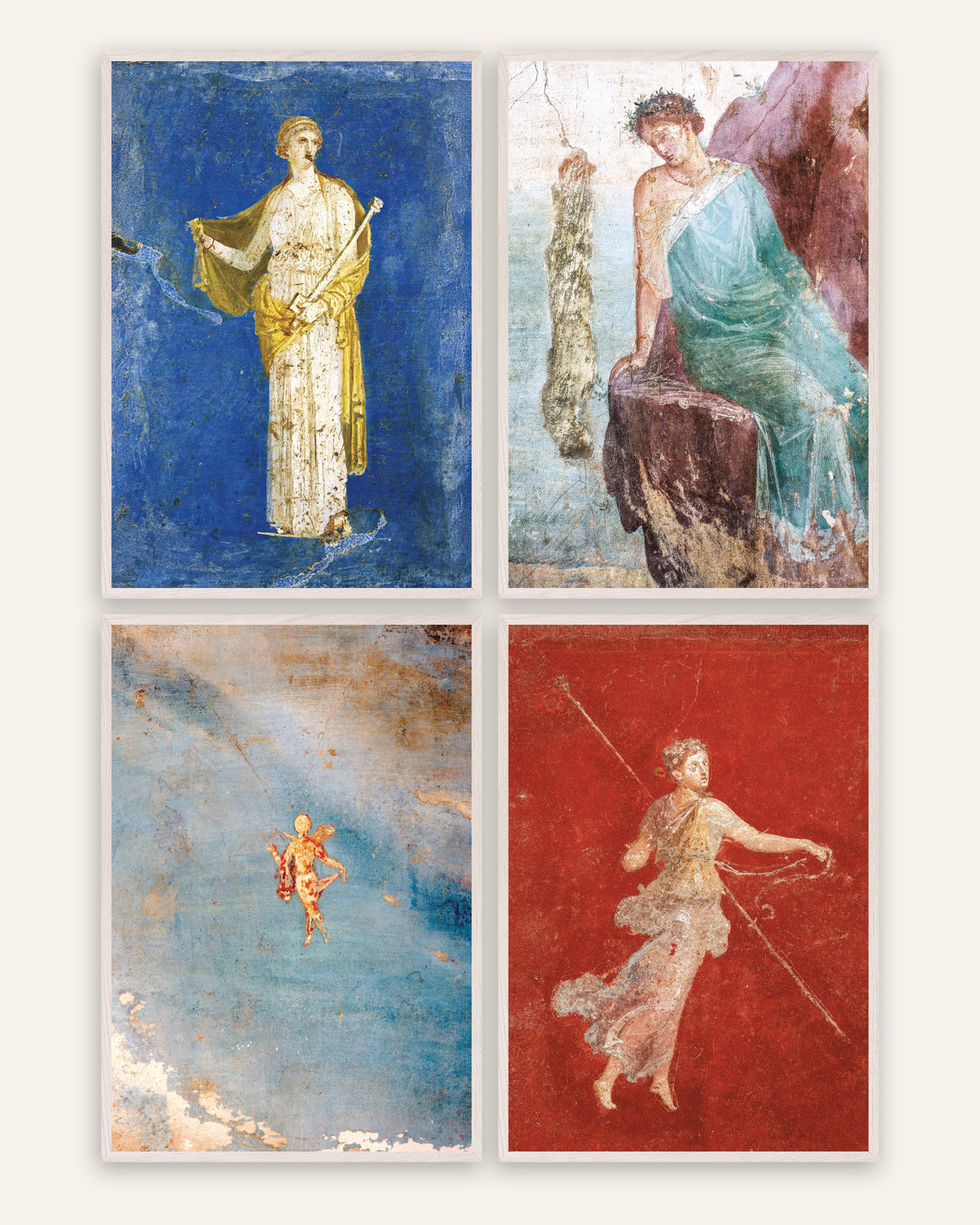 Affiches fresques romaines, lot de 4 : Médée, Icare, Psyché et ménade, cadres en chêne blanc
