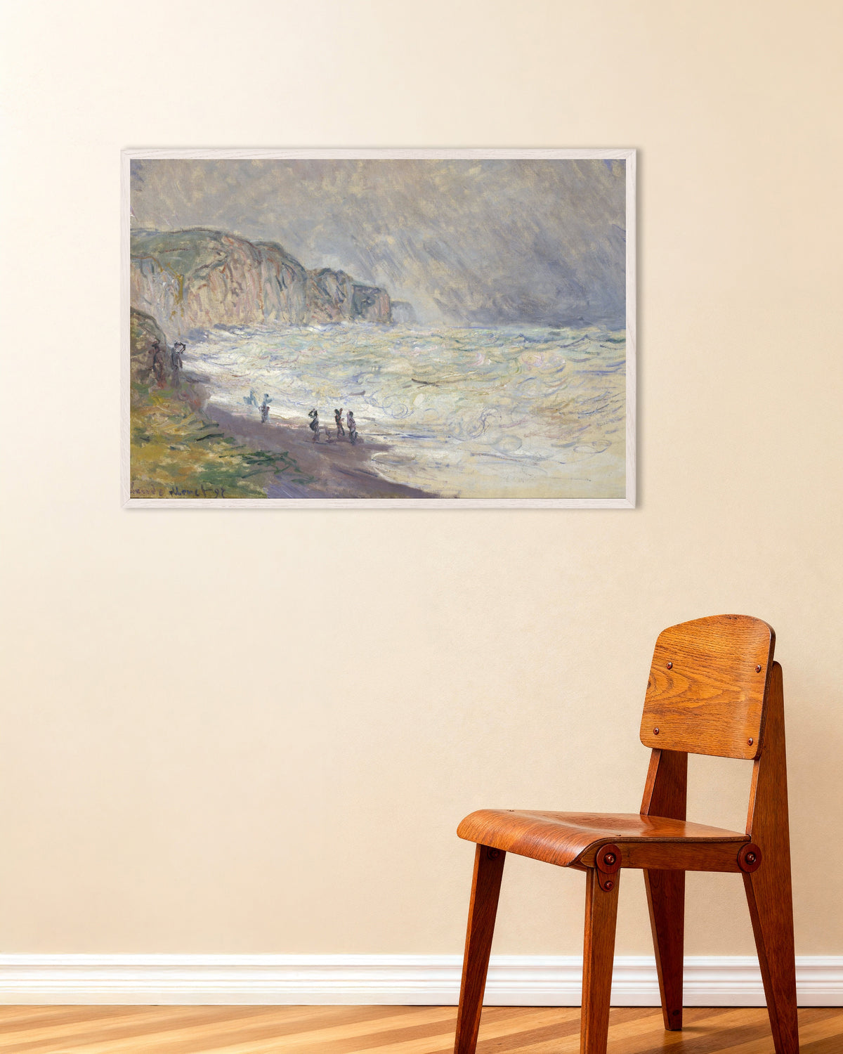 Affiche Grosse mer à Pourville (1897) de Claude Monet, avec un cadre en bois blanc