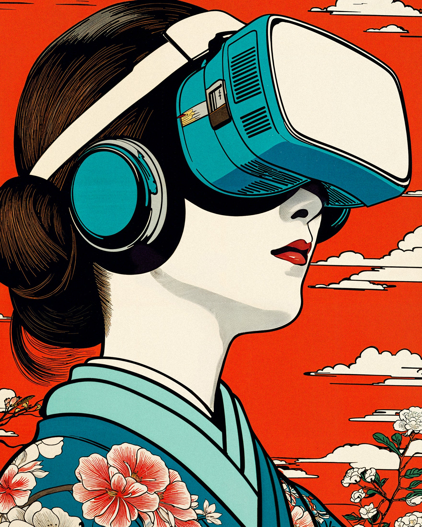 Illustration of a woman wearing VR goggles with a traditional Japanese kimono and landscape background.