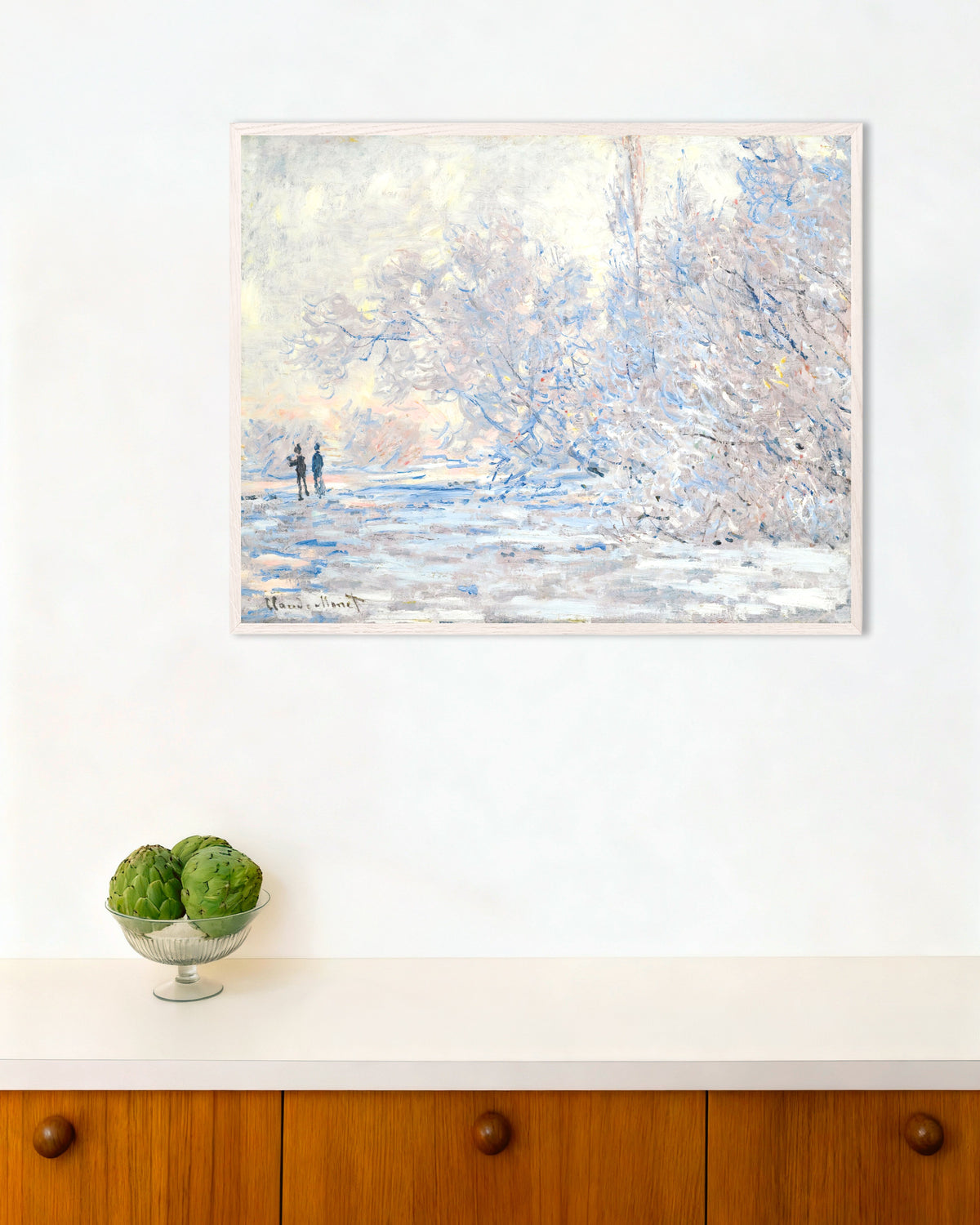 Affiche Le Givre à Giverny (1885) de Claude Monet, avec un cadre en bois blanc