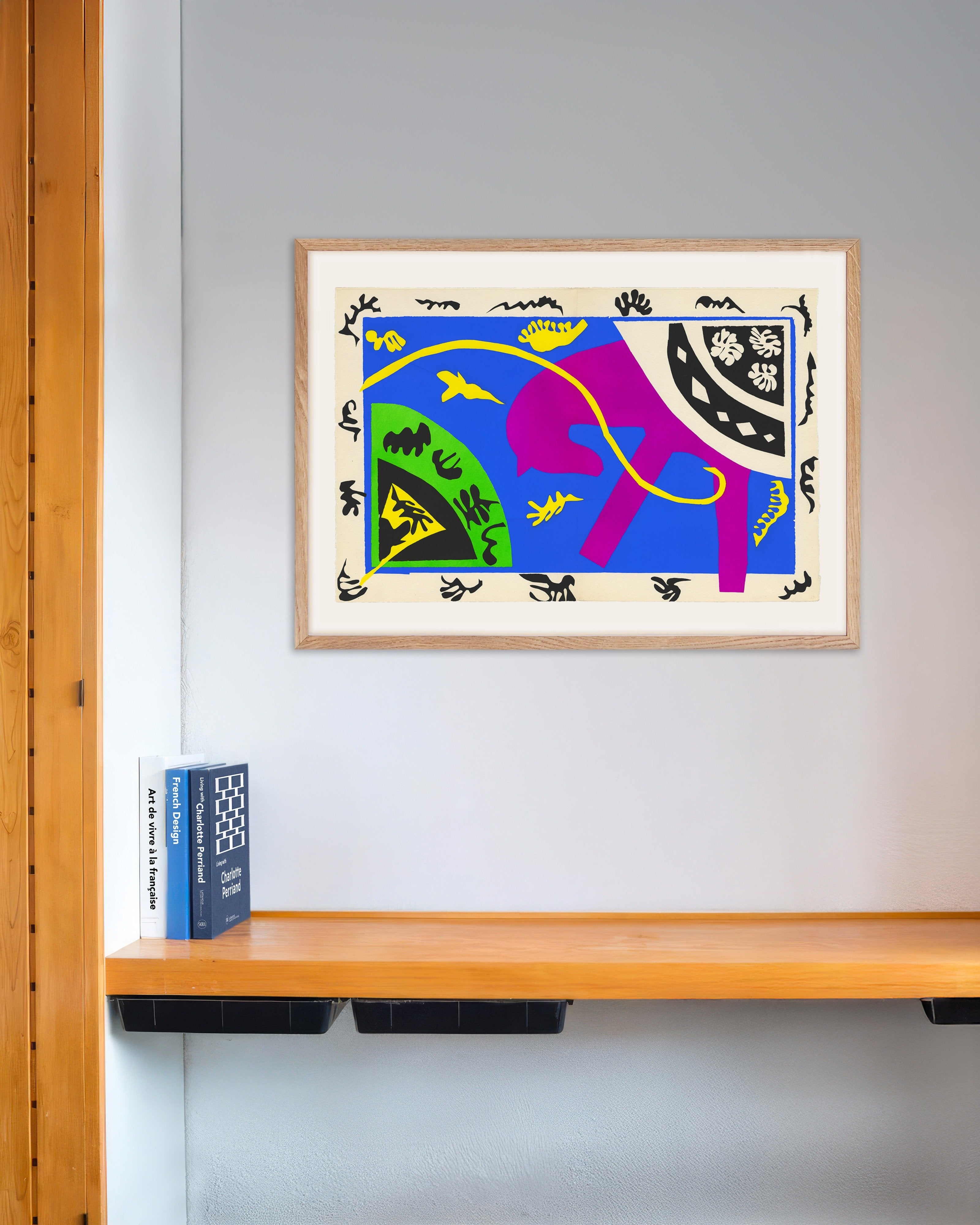 Poster of Horse, Rider, and Clown (1954) by Henri Matisse, with natural wooden frame