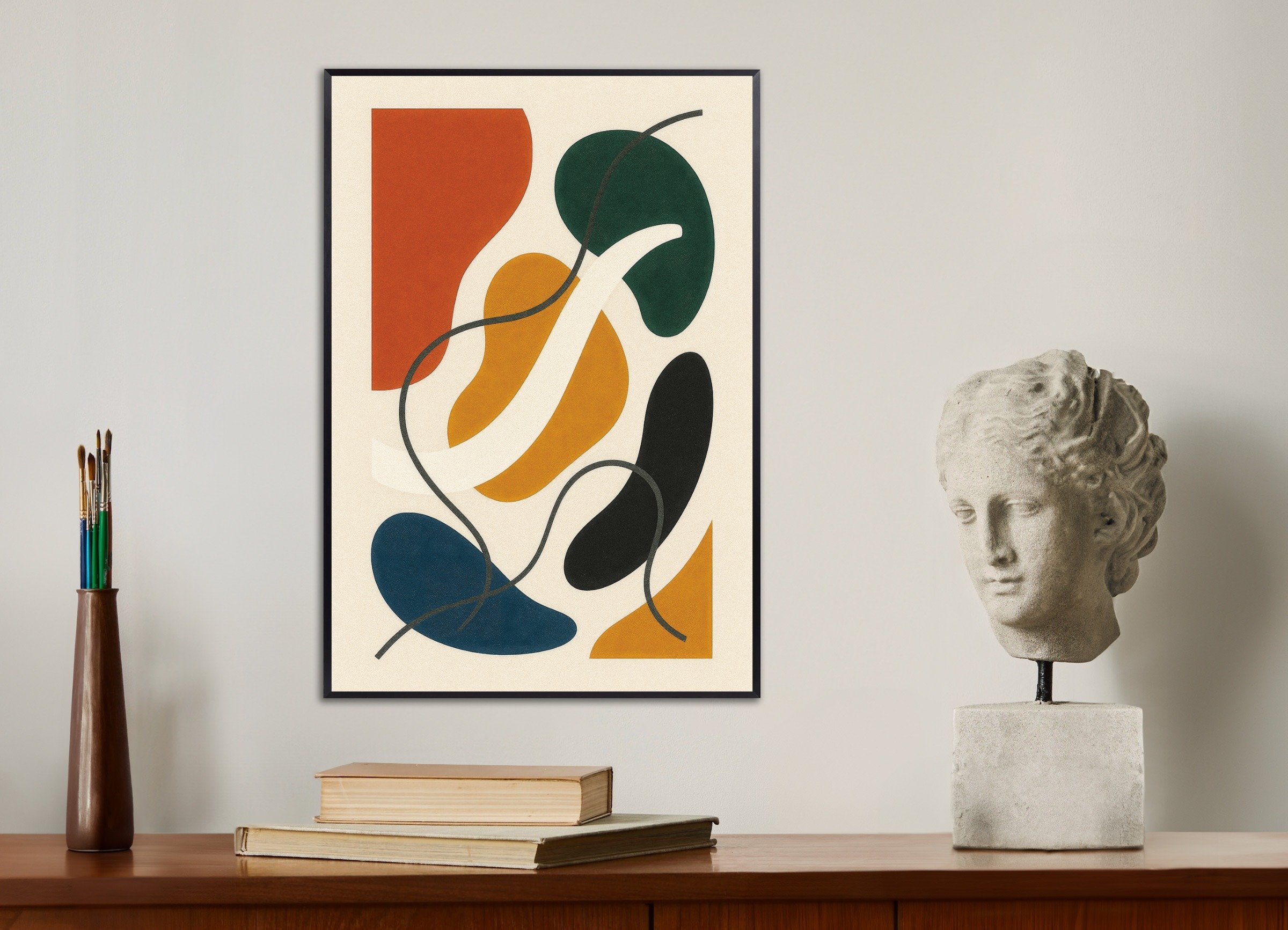 Poster of Inflections 02 – colorful abstract poster with organic shapes, with metal frame