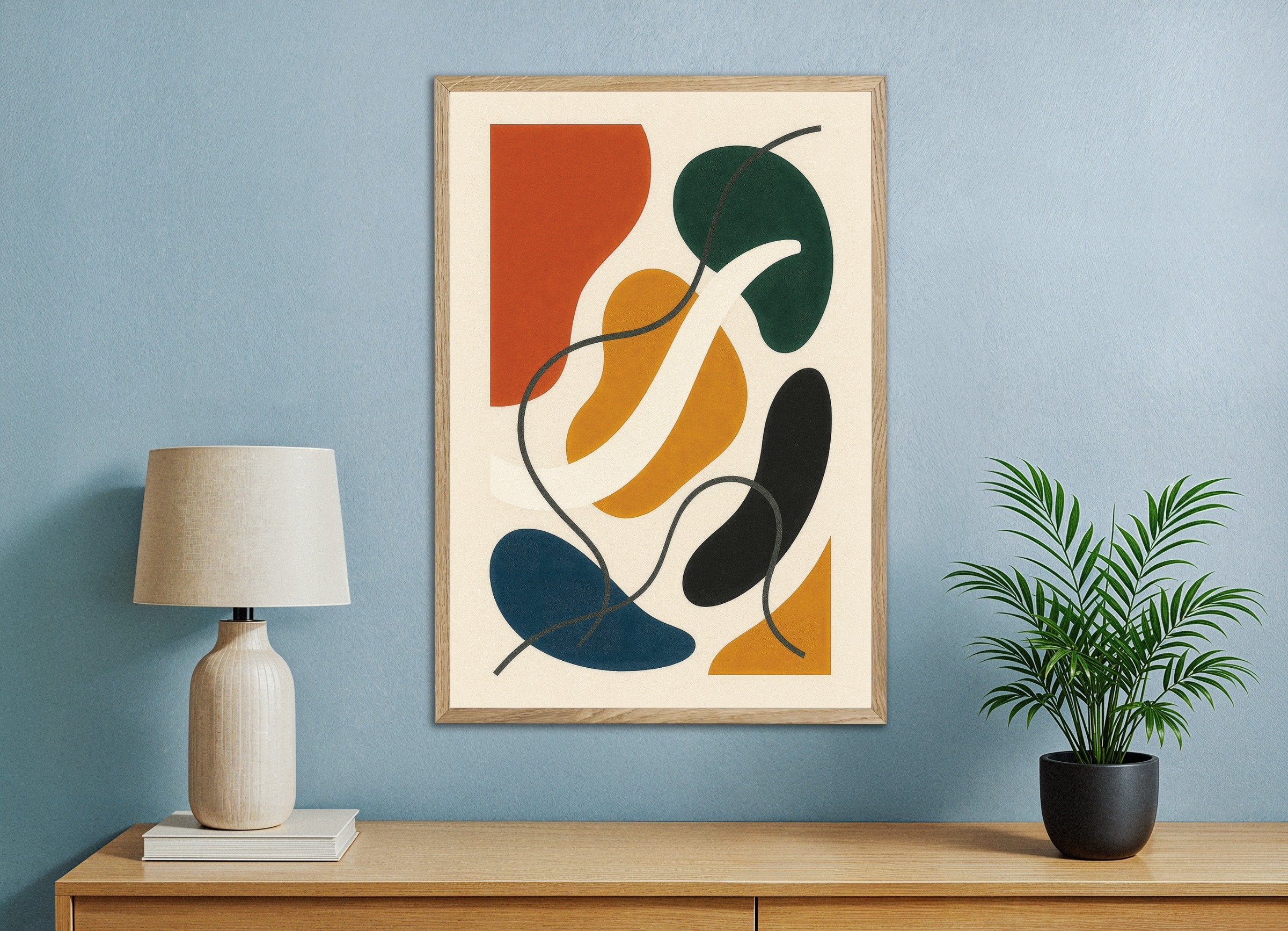 Poster of Inflections 02 – colorful abstract poster with organic shapes, with natural wooden frame