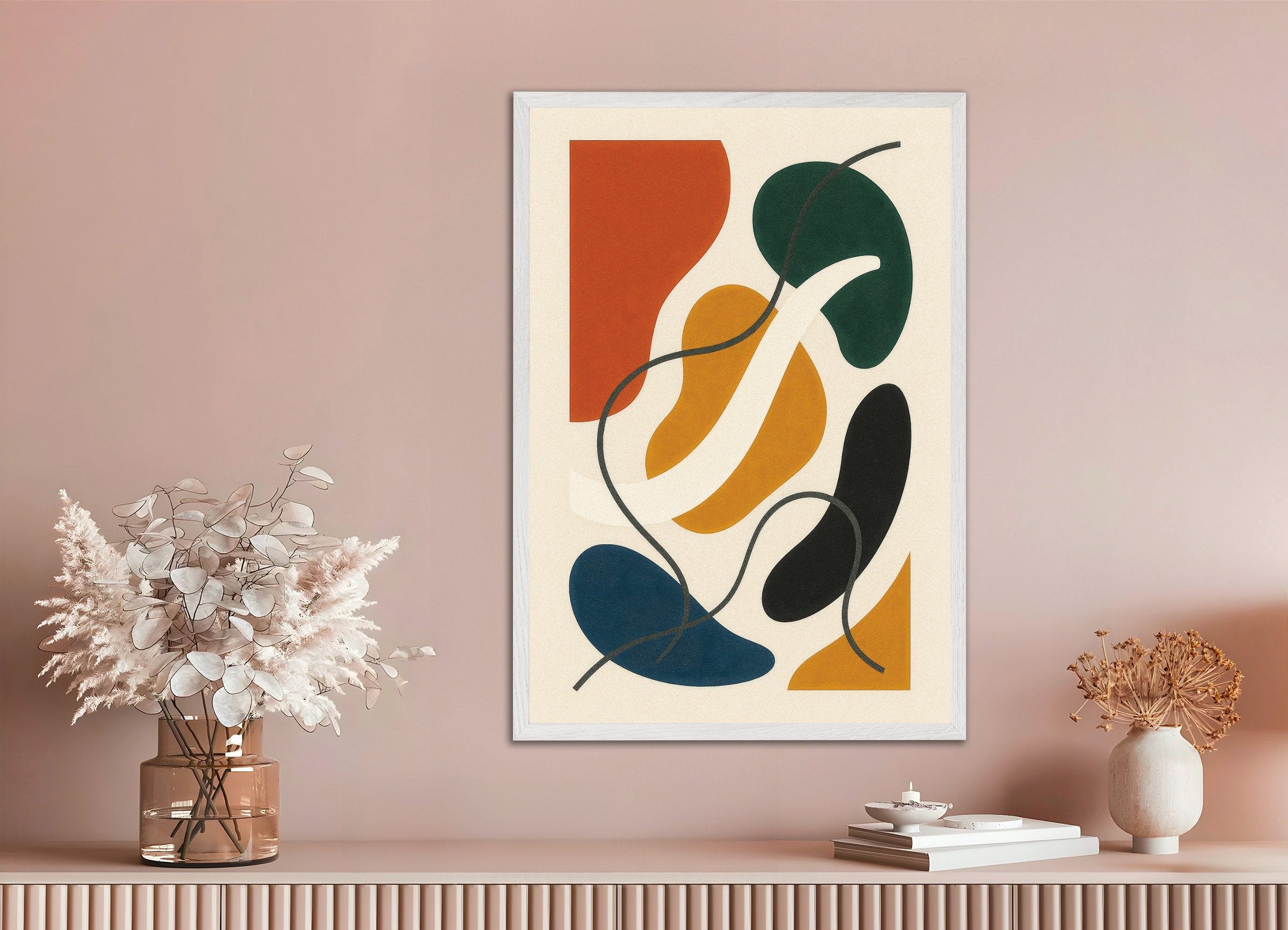 Poster of Inflections 02 – colorful abstract poster with organic shapes, with white wooden frame