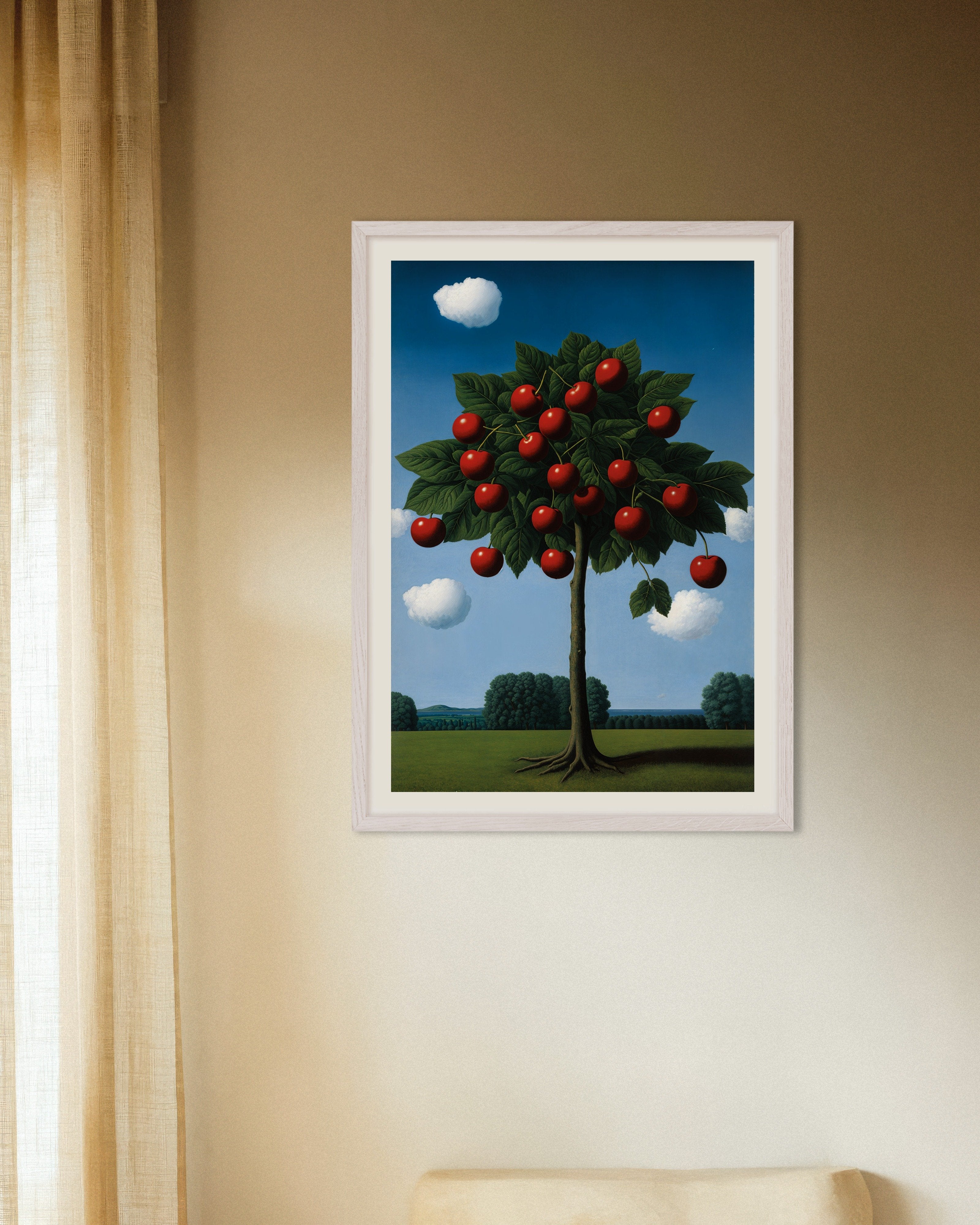 Poster of Le Cerisier - Surreal Cherry Tree Poster, with white wooden frame