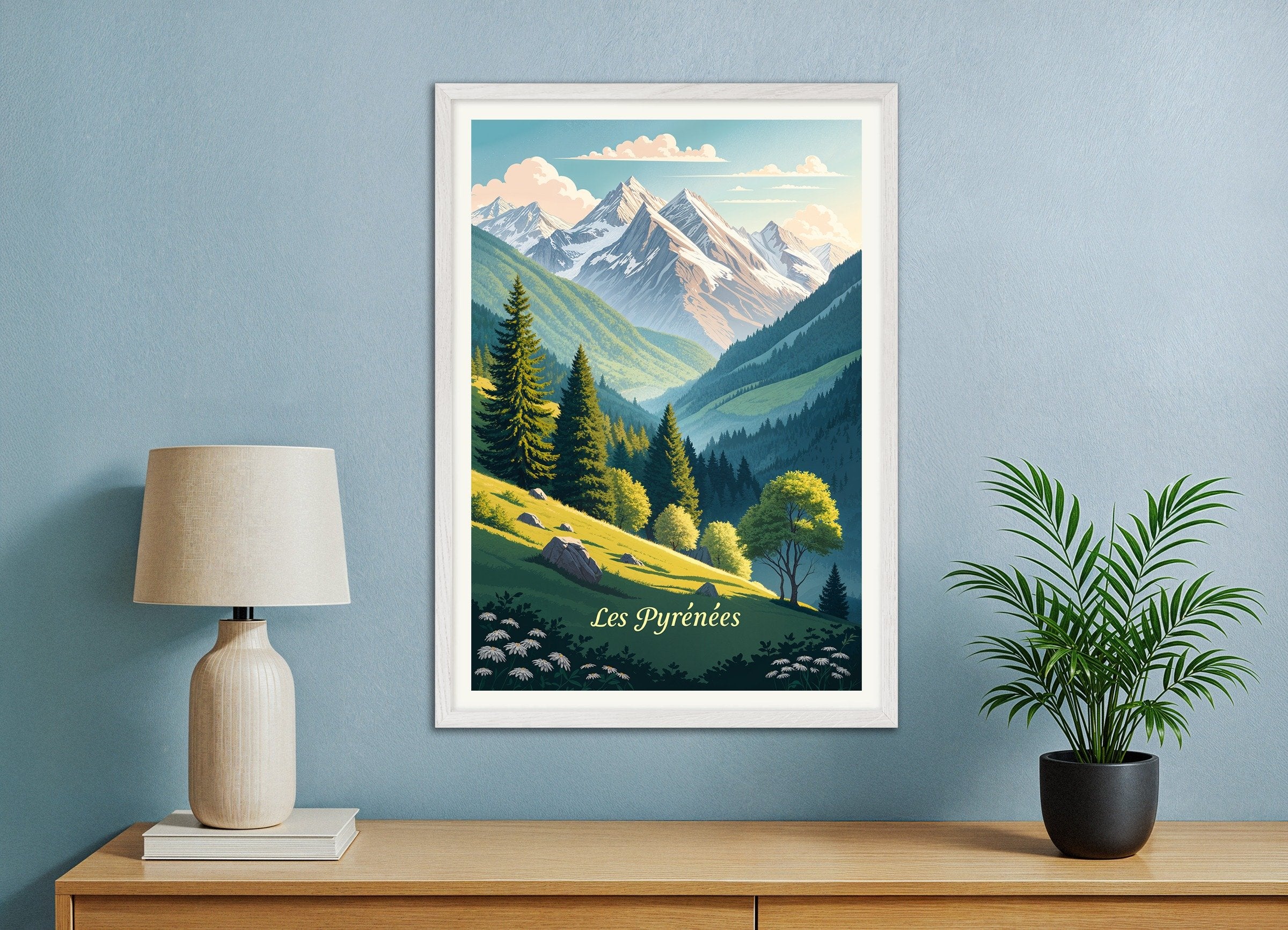 Poster of Les Pyrénées – Scenic Mountain Landscape Poster, with white wooden frame