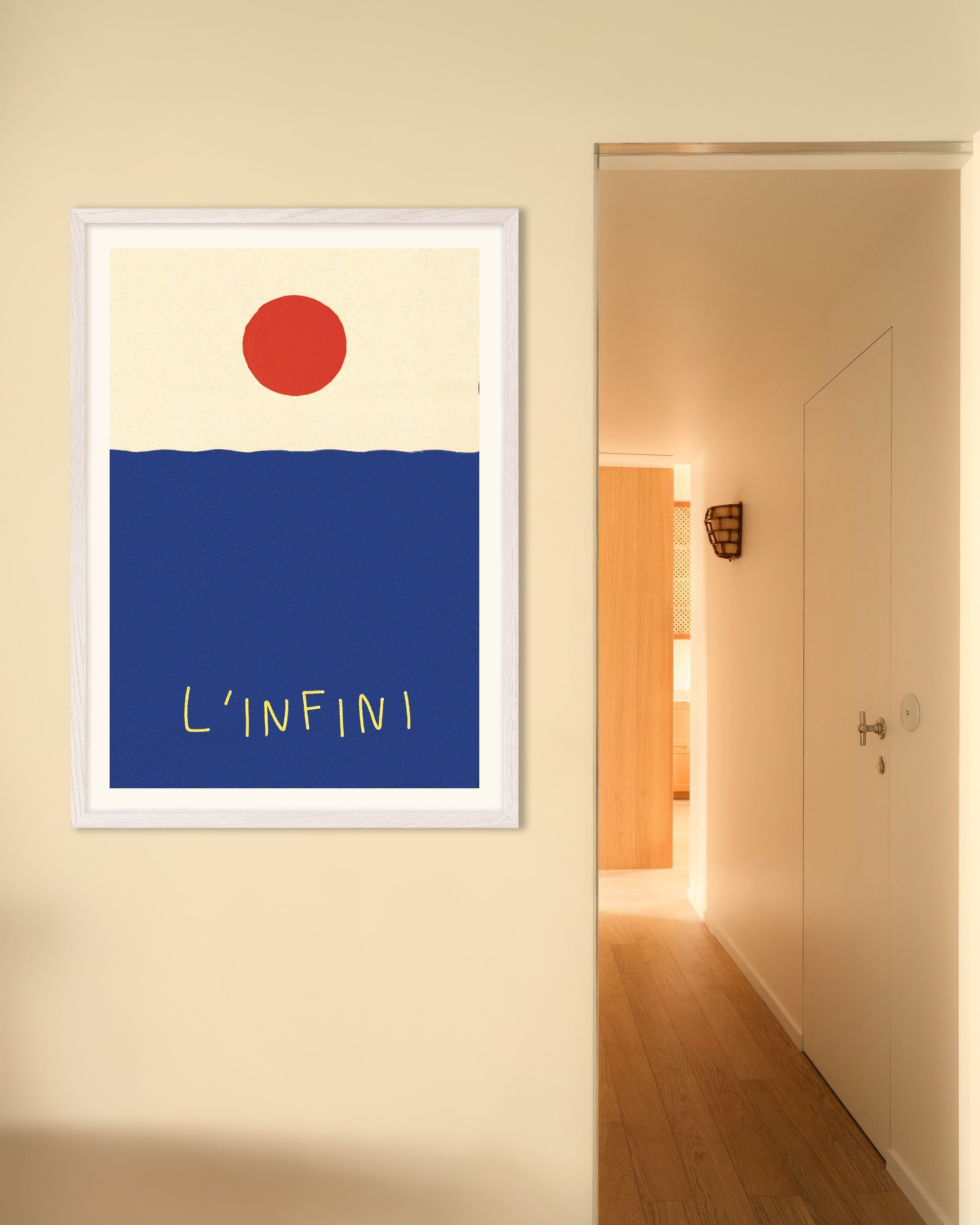 Poster of L’Infini: Red Sun Over Blue Sea Poster, with white wooden frame