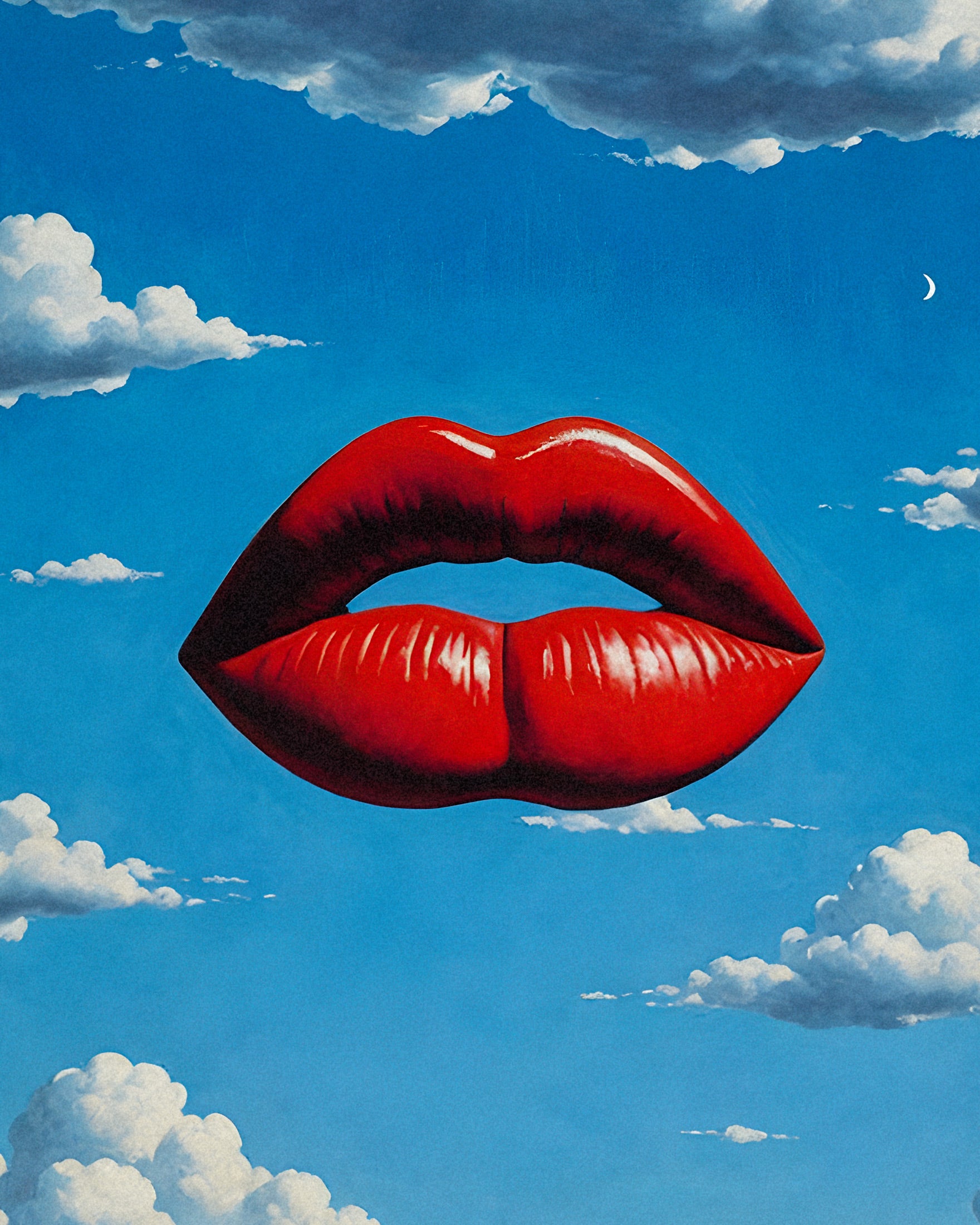 Red lips against a blue sky with clouds