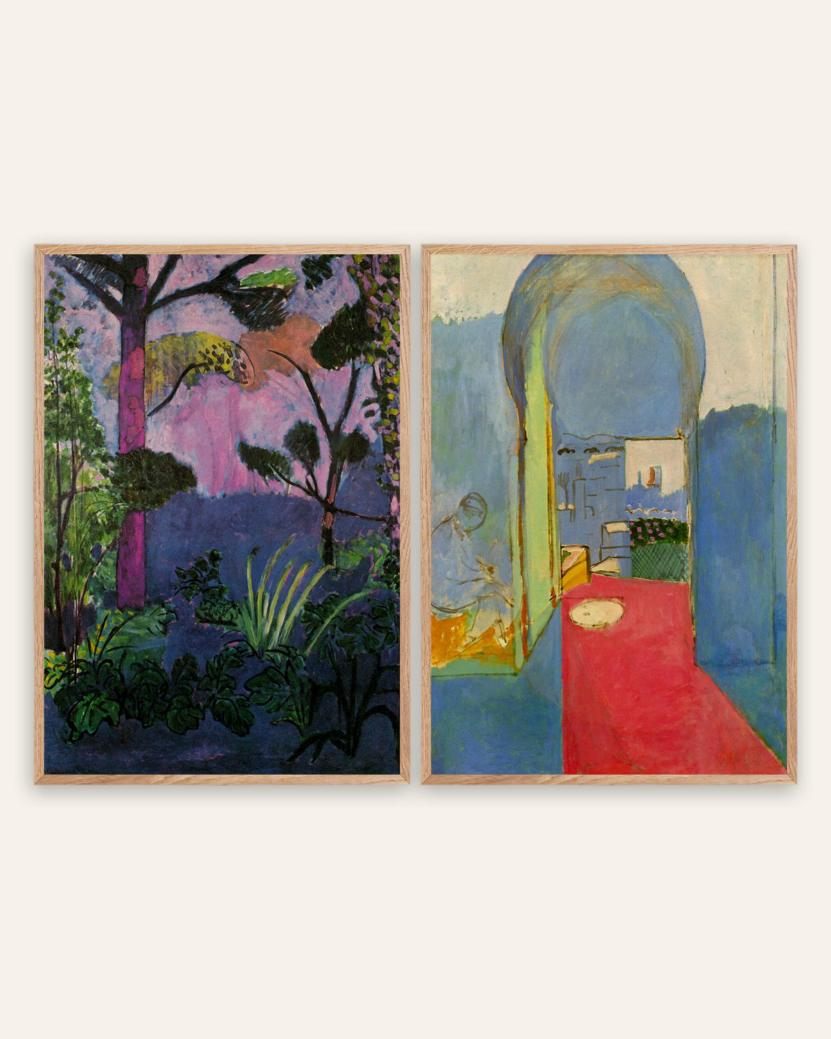 Affiches Matisse, lot de 2 : Paysage marocain (Acanthes) et La Porte de la Casbah, cadres en chêne naturel