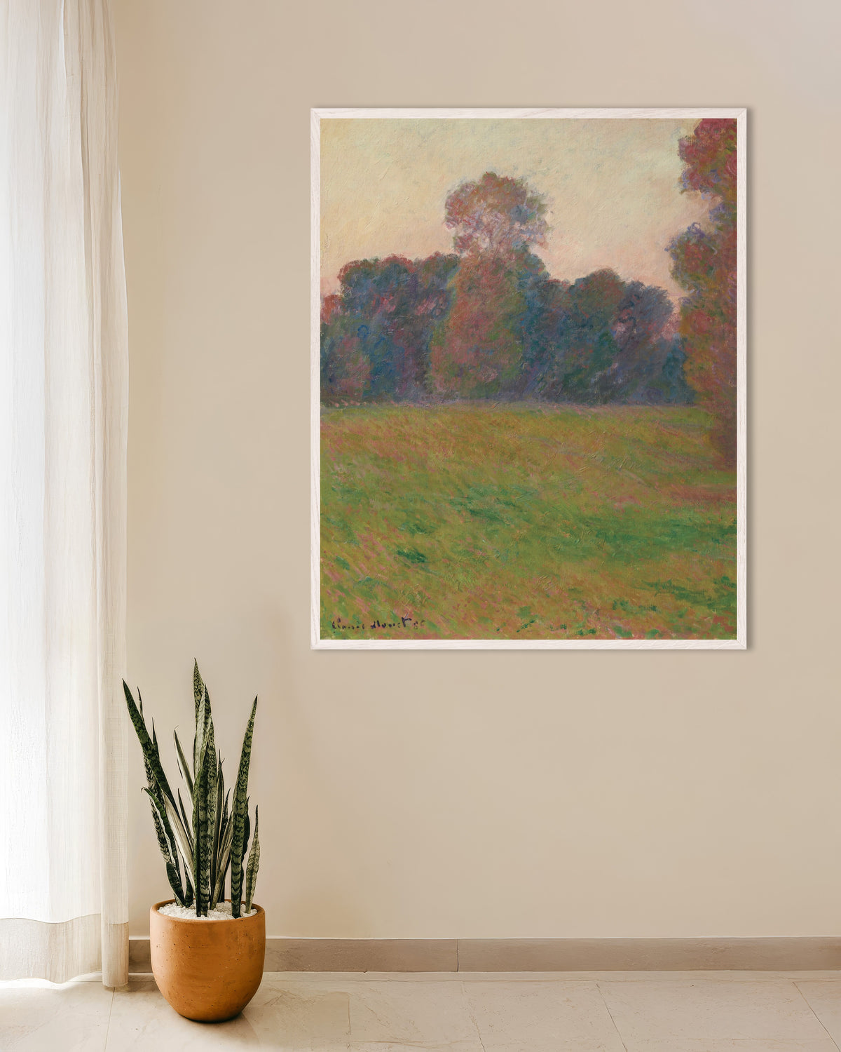 Affiche Prairie à Giverny (1886) de Claude Monet, avec un cadre en bois blanc