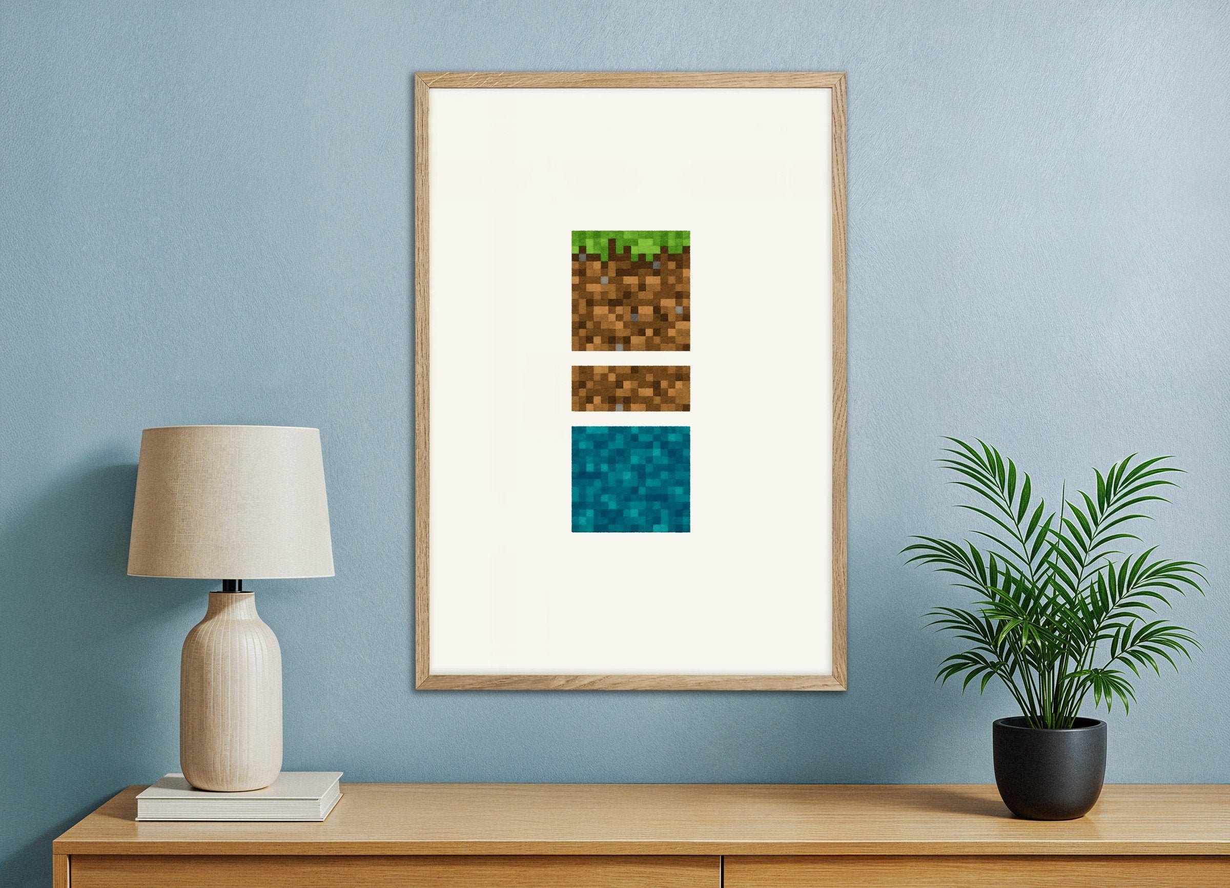 Poster of Minecraft Blocks Trio – grass, dirt, and water poster, with natural wooden frame