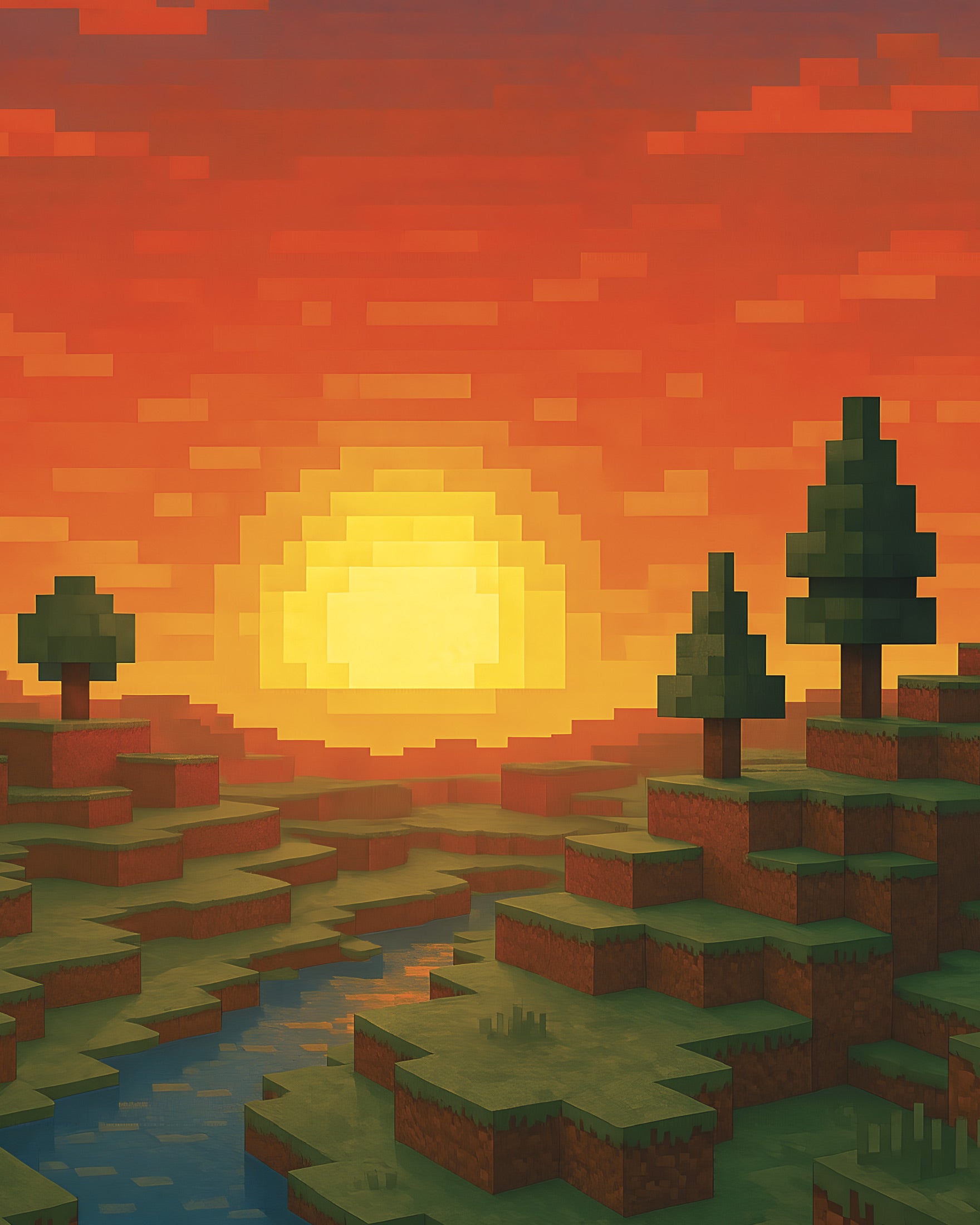 Coucher de soleil – poster fan art en blocs de pixels avec rivière et arbres