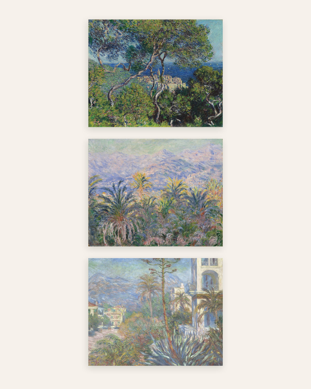 Affiches Monet Bordighera, lot de 3 : pins, palmiers et villas de la Riviera, sans cadre