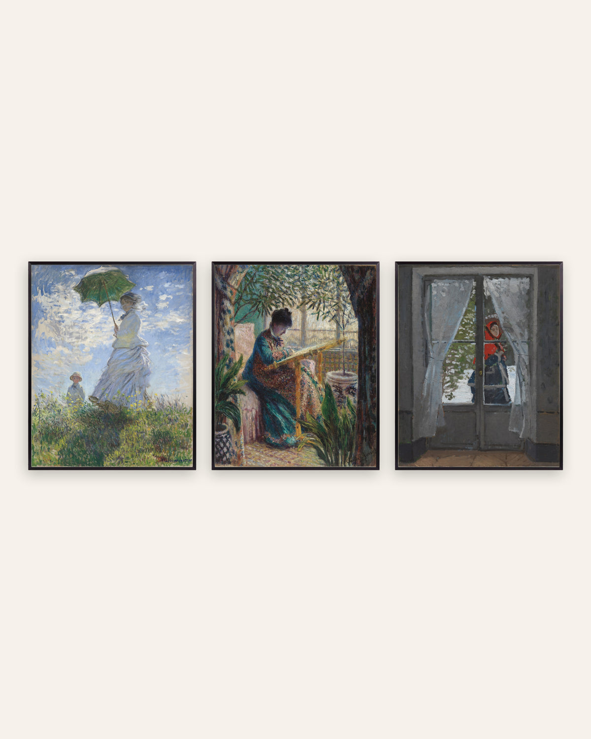 Affiches Monet Camille, lot de 3 : la femme à l’ombrelle et le fichu rouge, cadres en métal noir