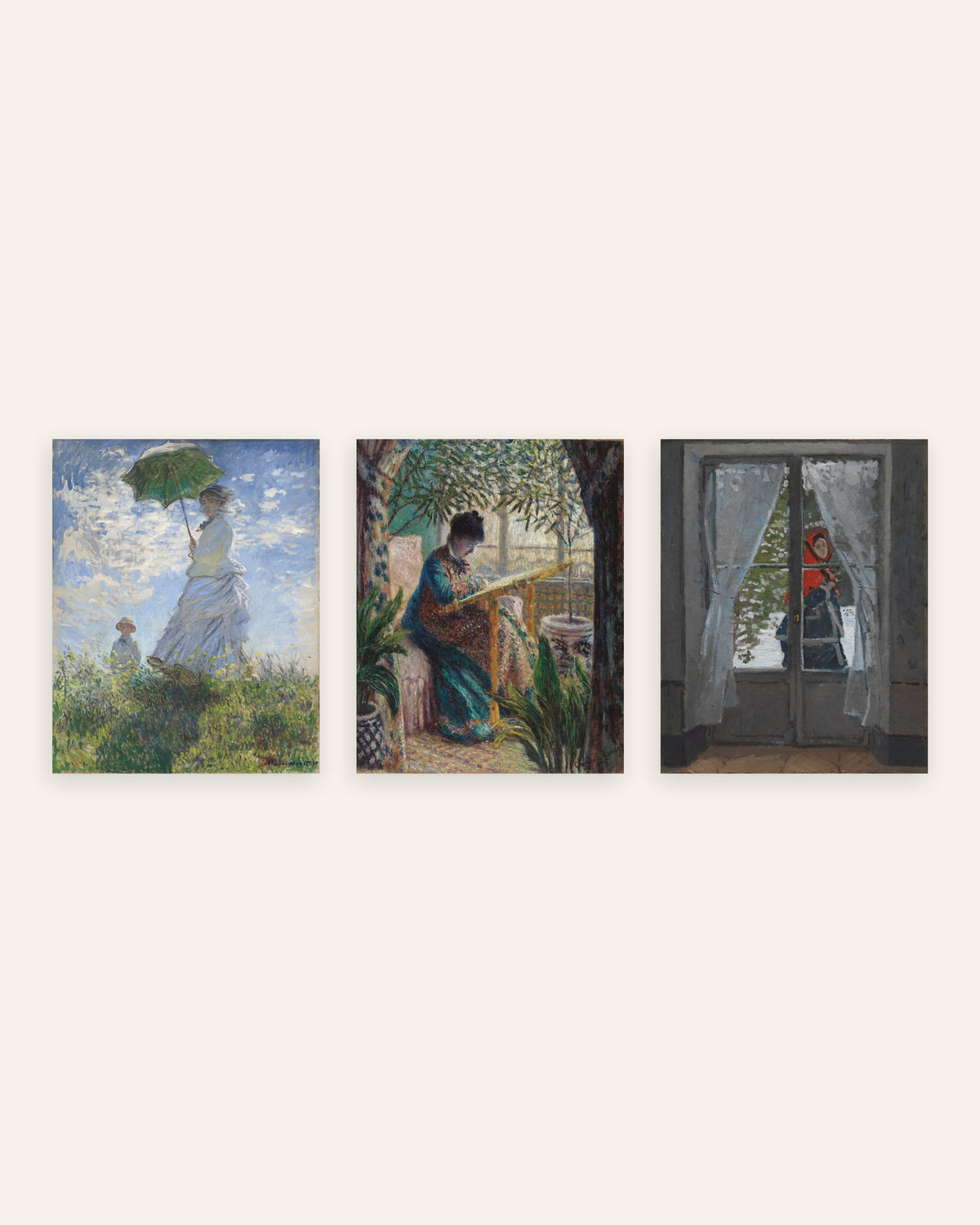 Affiches Monet Camille, lot de 3 : la femme à l’ombrelle et le fichu rouge, sans cadre