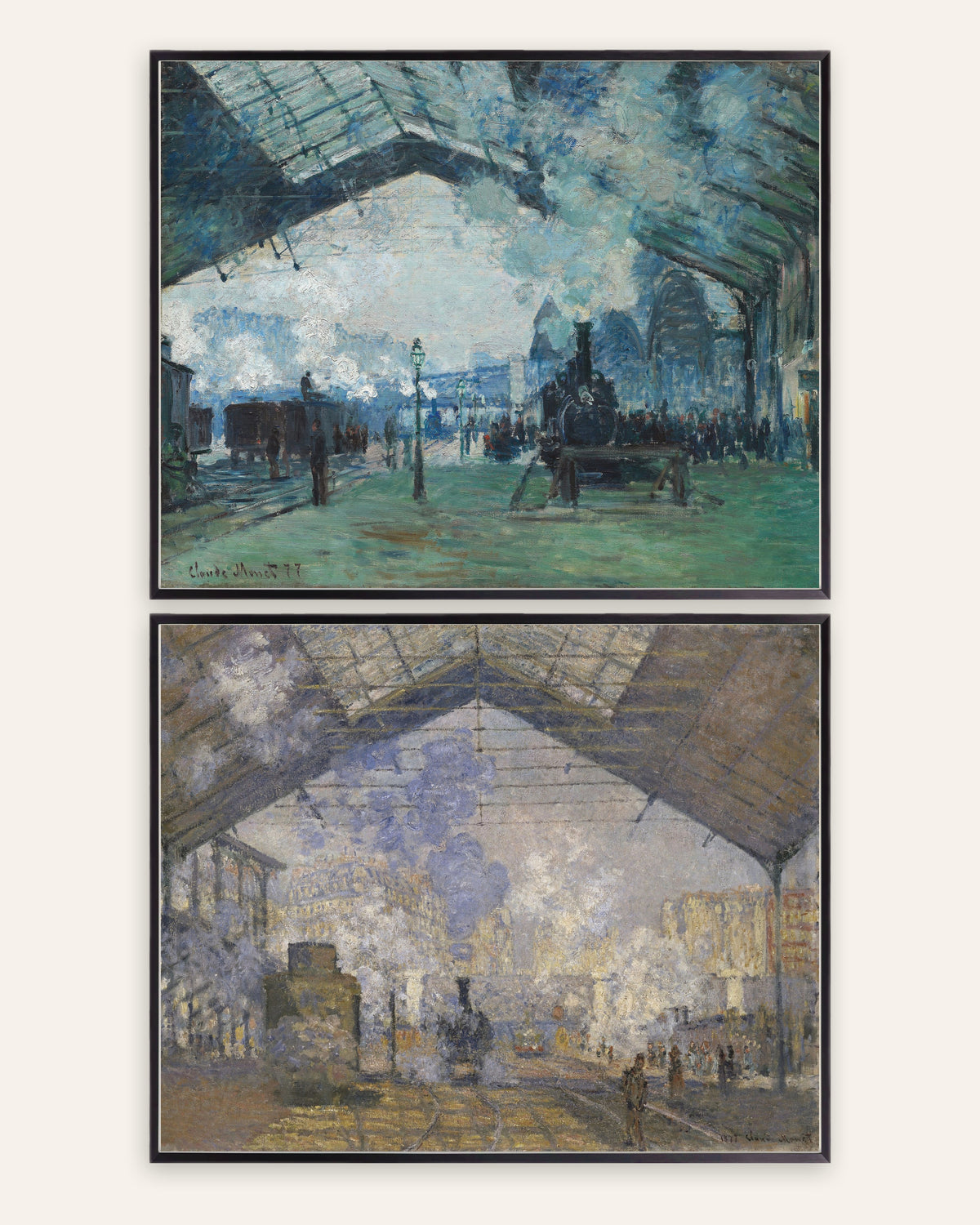 Affiches Monet Gare Saint-Lazare, lot de 2 : vapeur et trains, cadres en métal noir