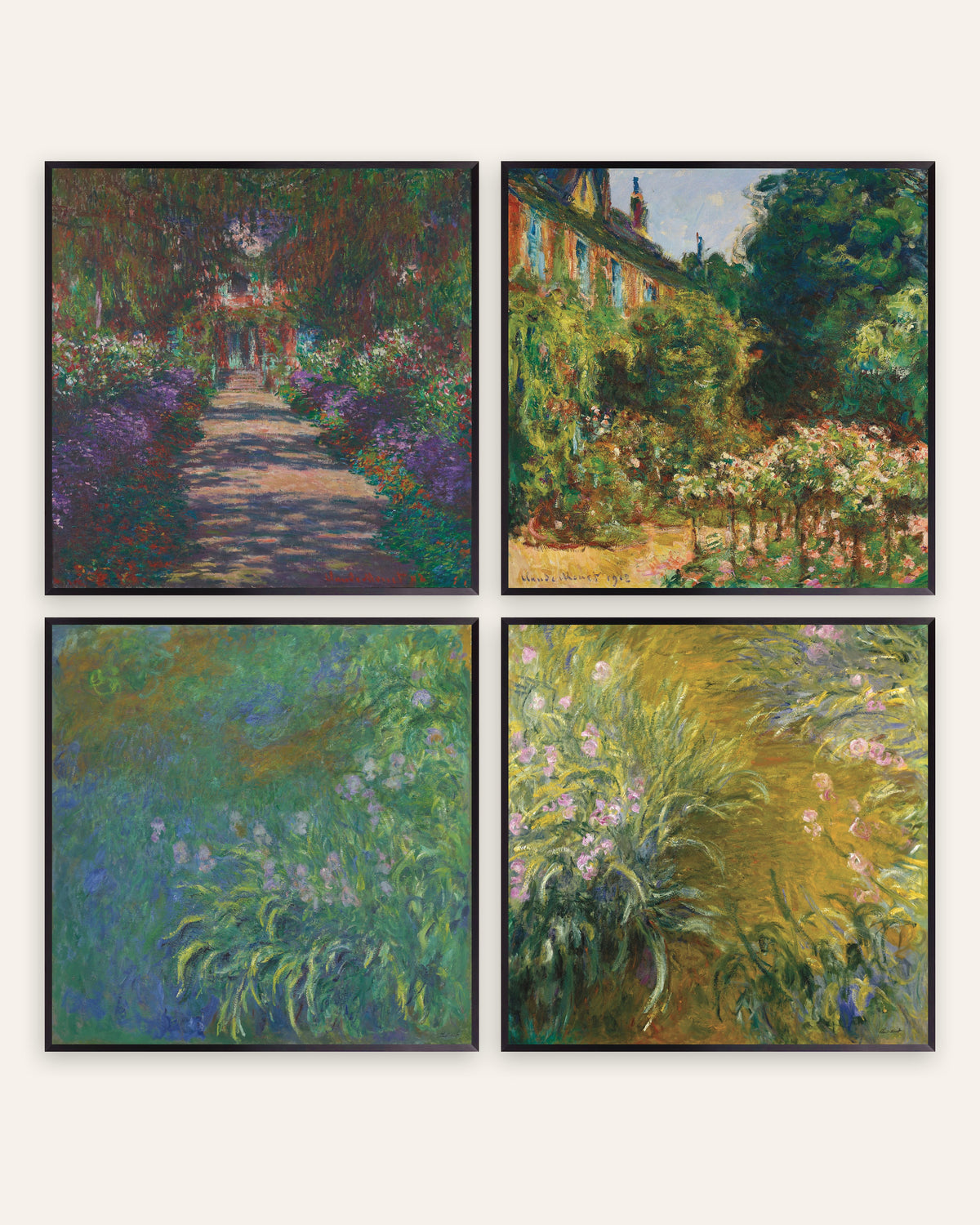 Affiches Monet jardin de Giverny, lot de 4 : allée, maison et iris, cadres en métal noir