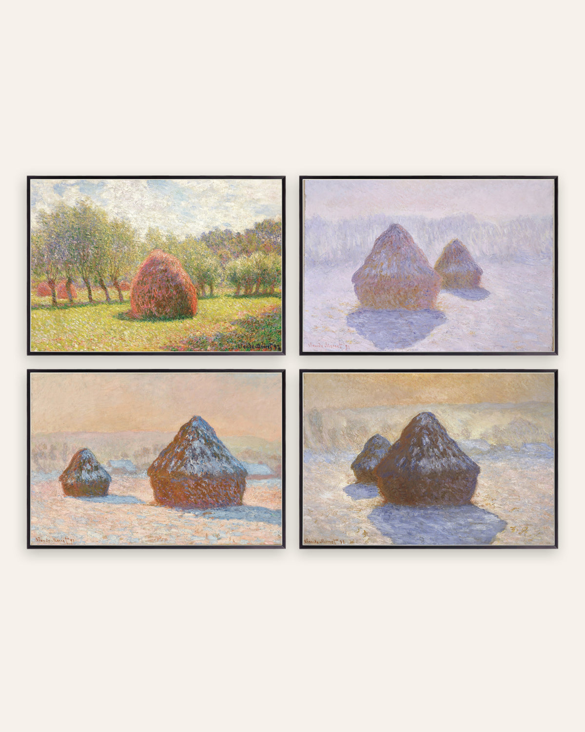 Affiches Monet Meules, lot de 4 : de l’été à la neige, cadres en métal noir
