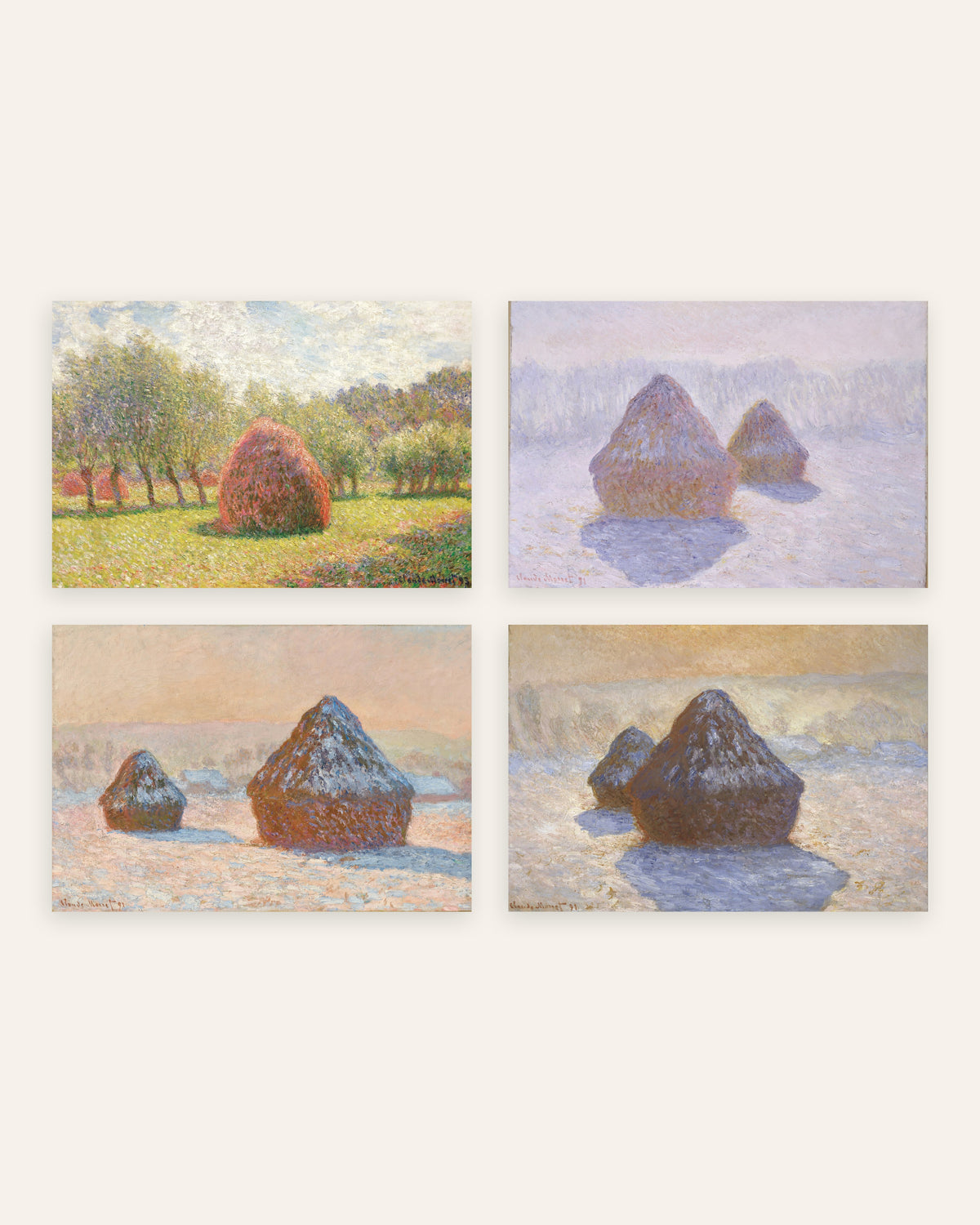 Affiches Monet Meules, lot de 4 : de l’été à la neige, sans cadre